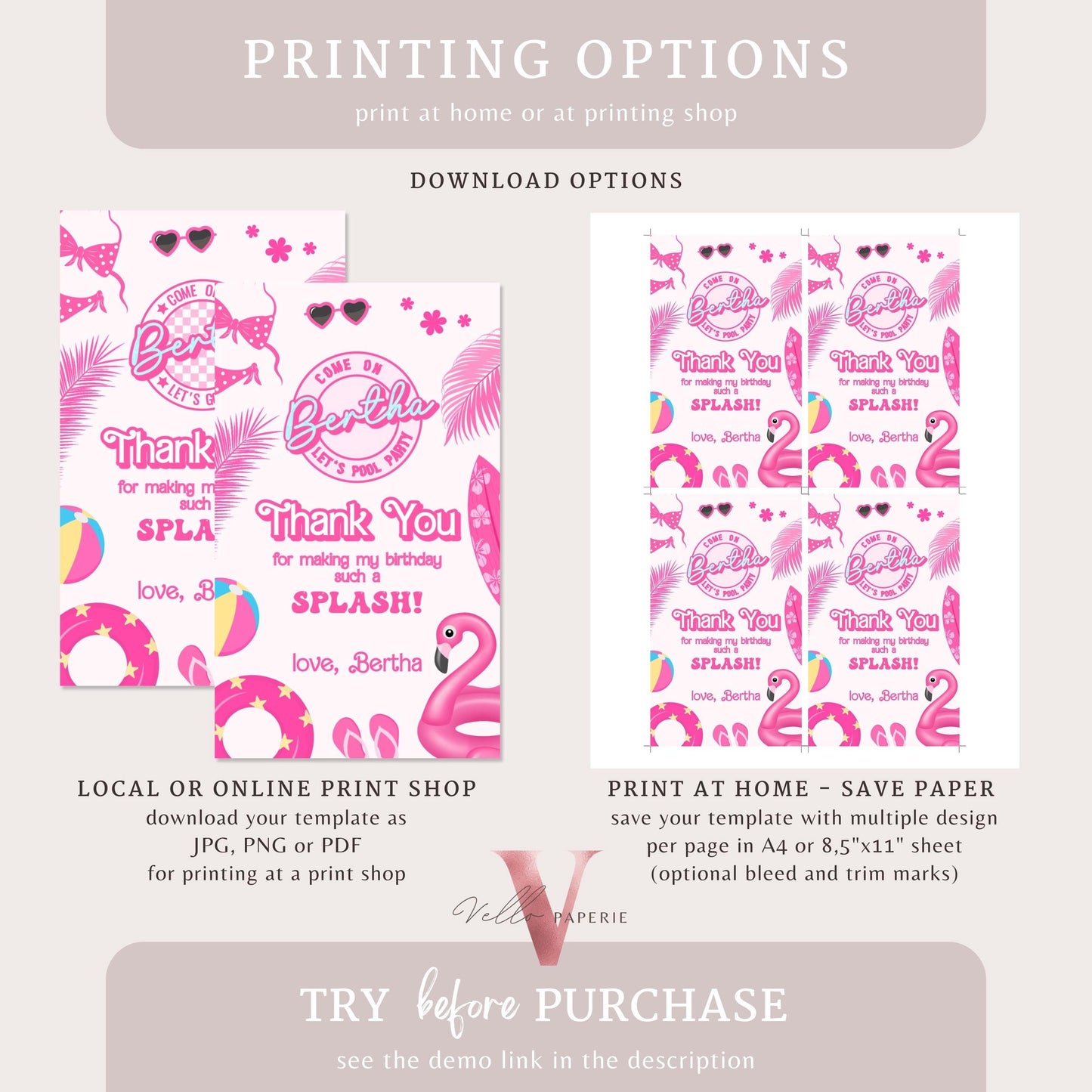 Pink Doll Pool Birthday Thankyou Card | Editable Printable Malibu Pool Party Favor Tag | Pink Blue Malibu Come On Lets Go Party Gift PDP01