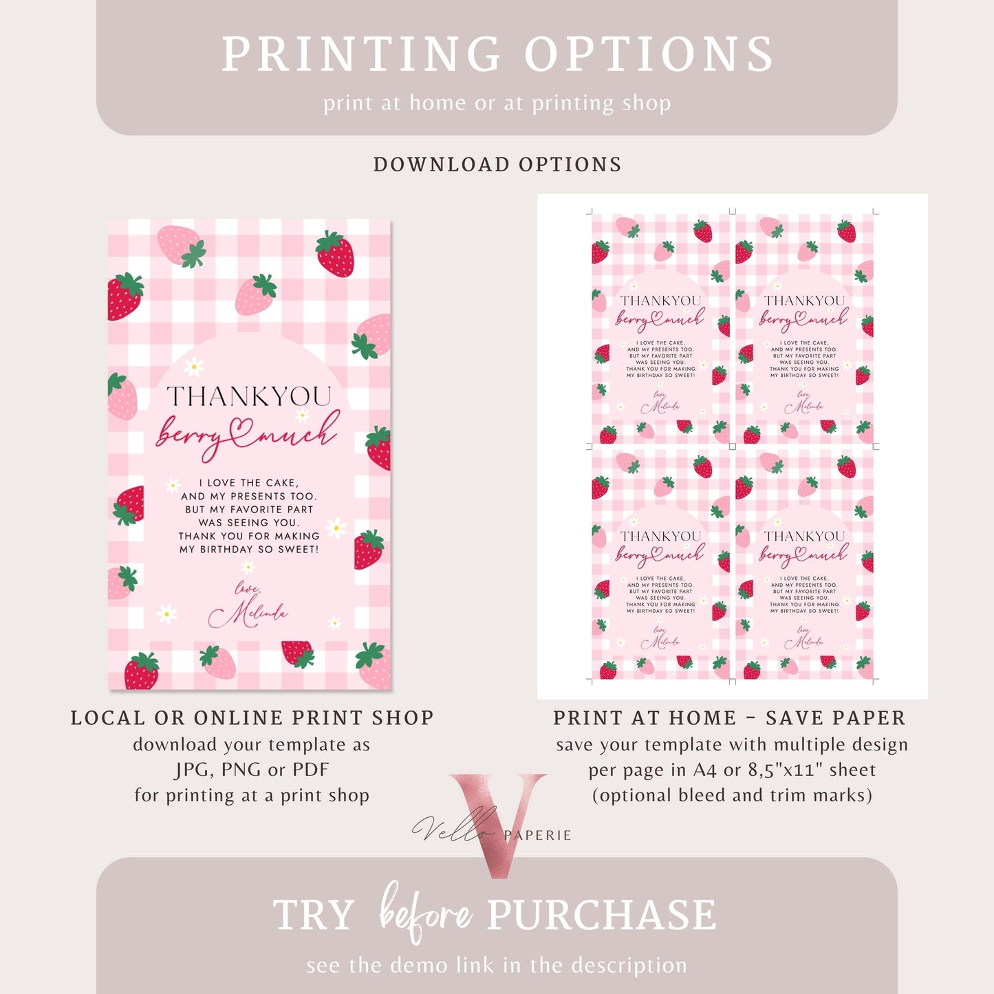 Berry First Birthday Party Thankyou Card | Strawberry One Kid Party Favor Tag Instant Template | Berry Pink Pastel Gift Card Tag