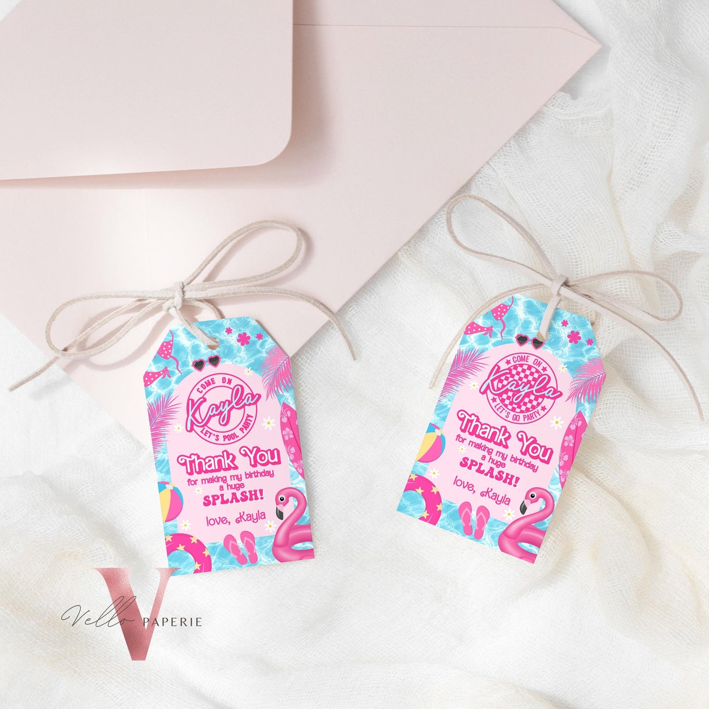 Pink Doll Pool Birthday Thankyou Card | Editable Printable Malibu Pool Party Favor Tag | Pink Blue Malibu Come On Lets Go Party Gift PDP01