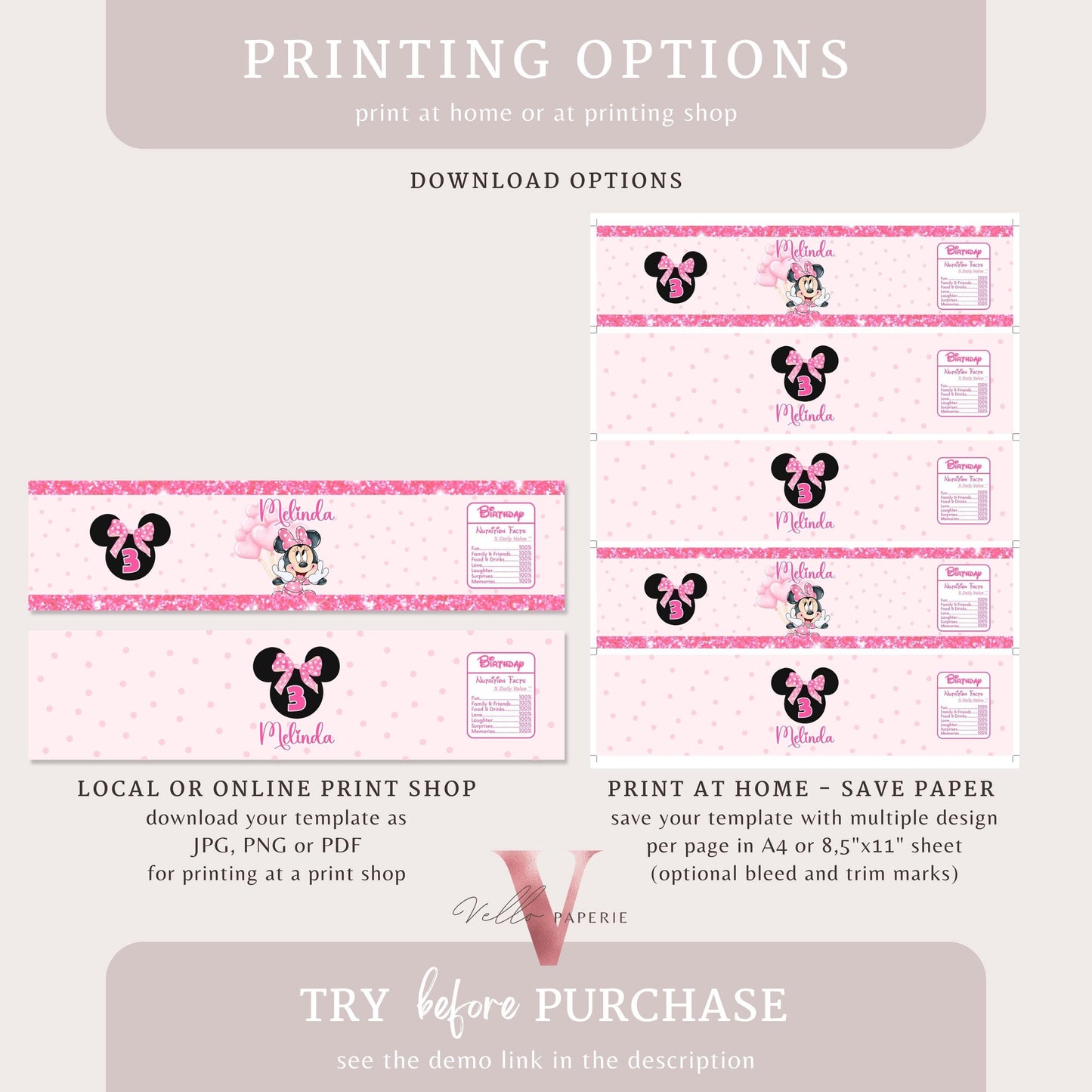 Editable Printable Any Age Minnie Mouse Birthday Party Favors | Glitter Pink Minnie Party Chip Bag, Water Bottle Label, Caprisun, TQ MMB01