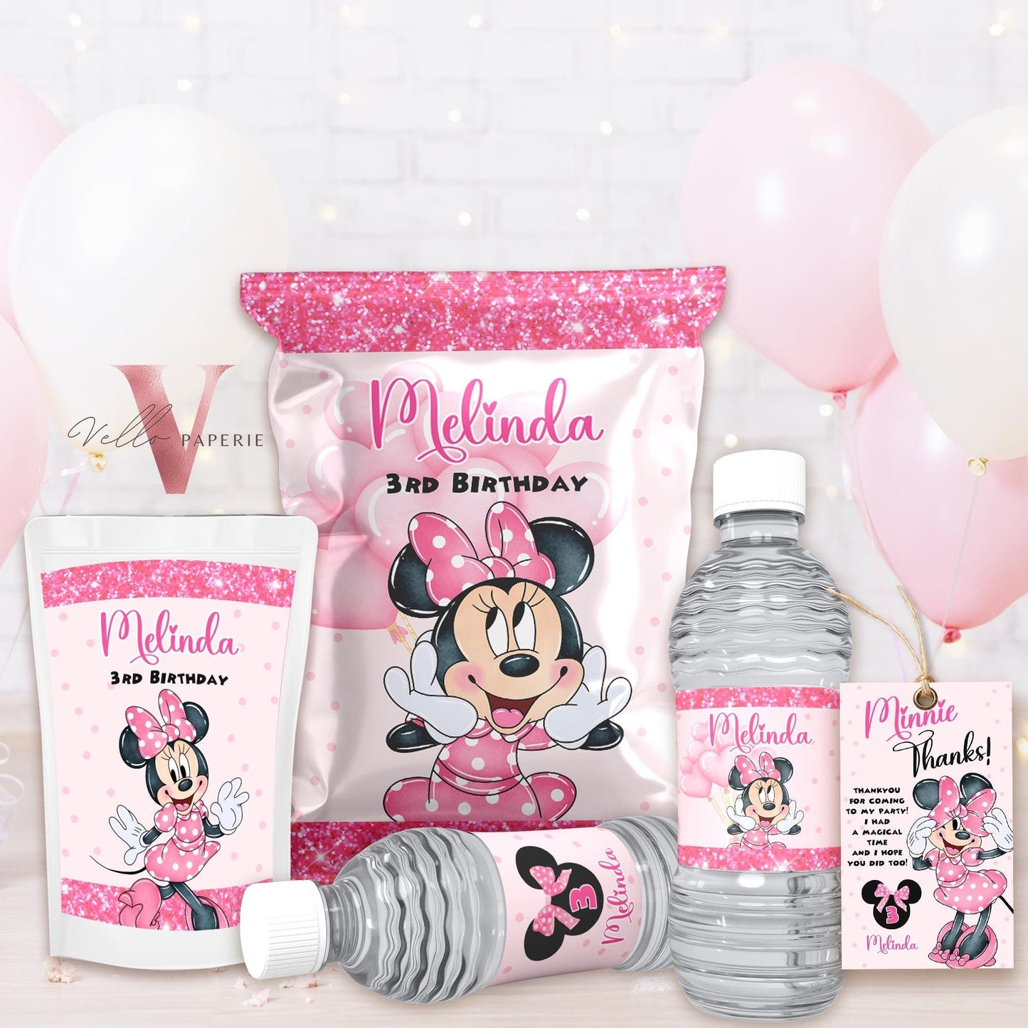 Editable Printable Any Age Minnie Mouse Birthday Party Favors | Glitter Pink Minnie Party Chip Bag, Water Bottle Label, Caprisun, TQ MMB01