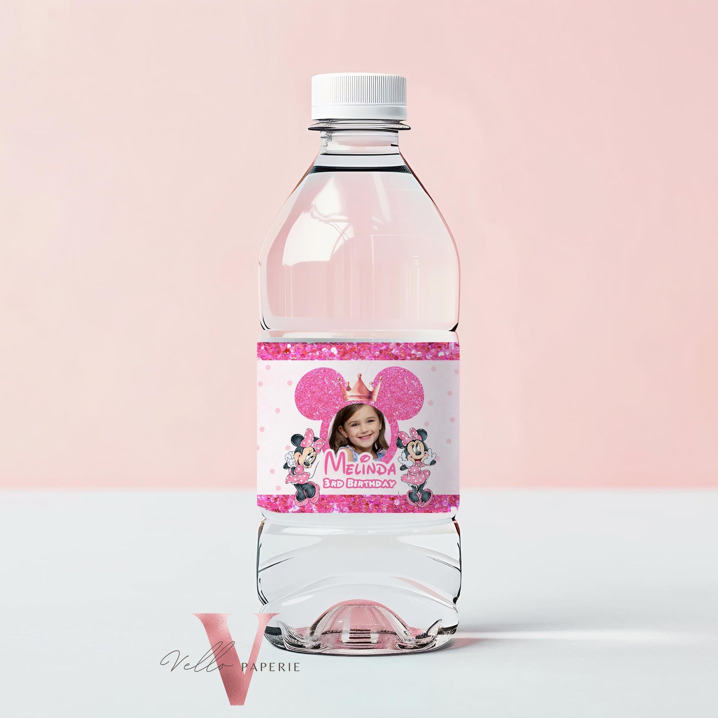 Self Editable Photo Minnie Mouse Birthday Party Favors | Glitter Pink Polkadot Minnie Party Water Bottle Label, Party Decor MMB03