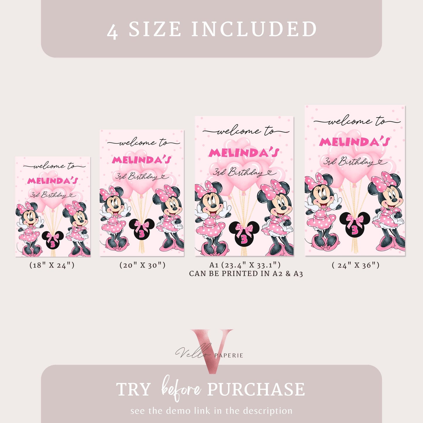 Self Edit Any Age Minnie Mouse Birthday Welcome Sign | Glitter Pink Polkadot Minnie Party Decor Sign | Balloon Minnie Pink Sign MMB02