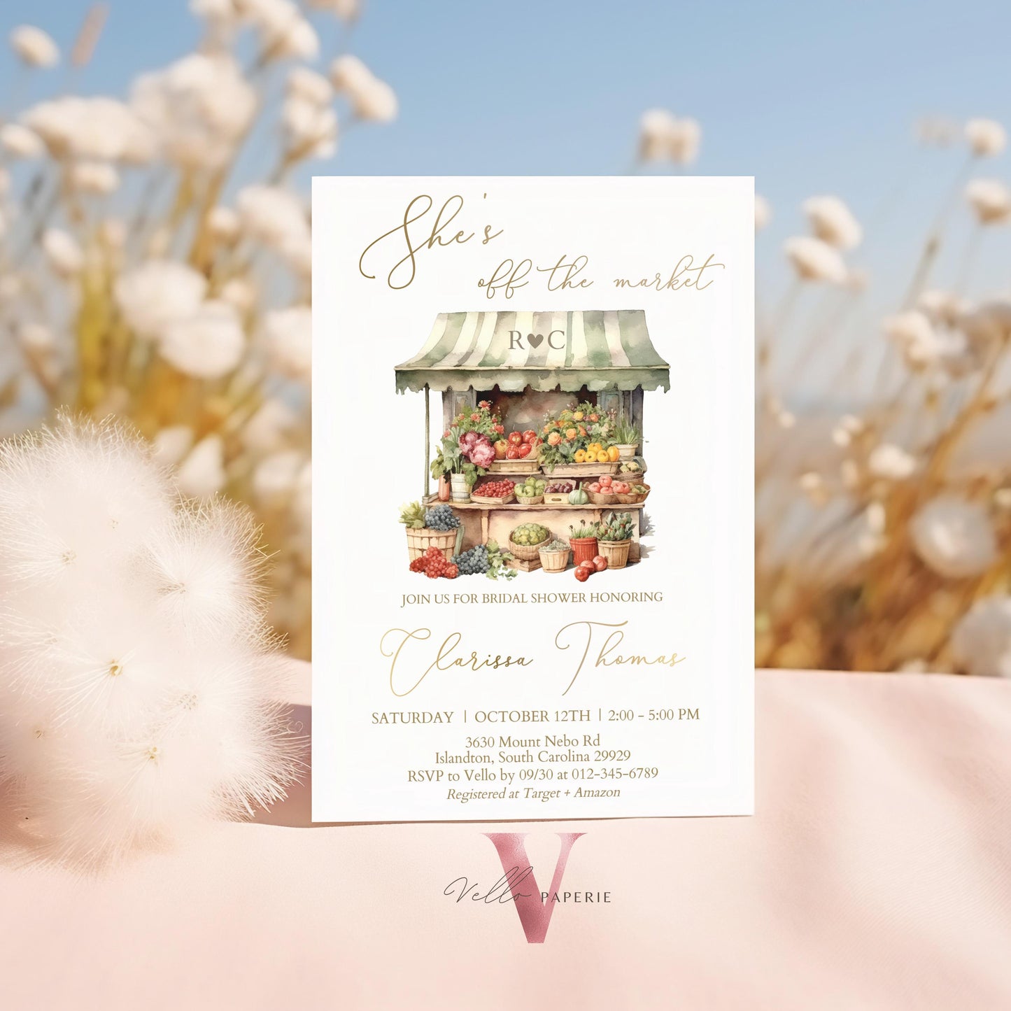 Off the Market Bridal Shower Party Invitation | She's off the Market Invite | Flower Fruit Store Watercolor Glitter Gold Instant Template