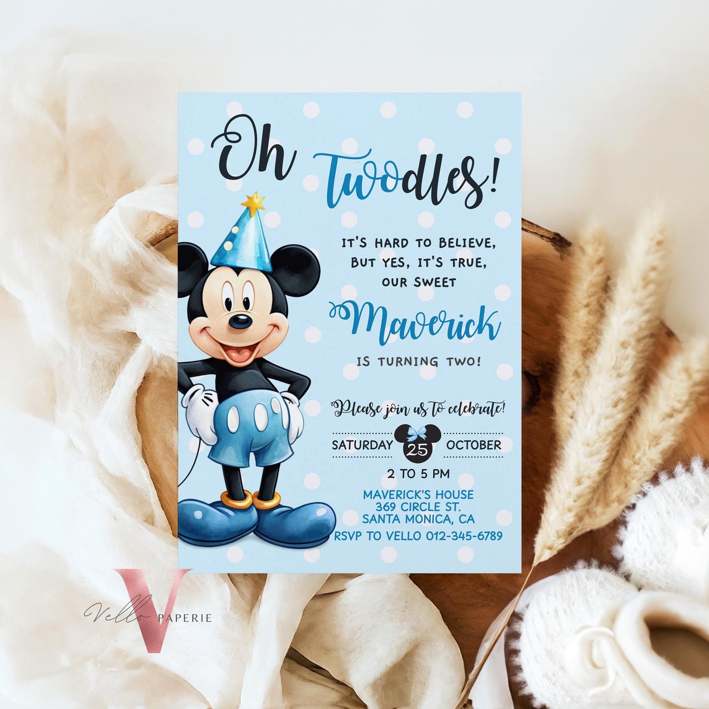 Self Editable Oh Twodles Mickey Mouse Birthday Invitation | Watercolor Blue Mickey Birthday Party Invite | Mickey Twodles Instant Download
