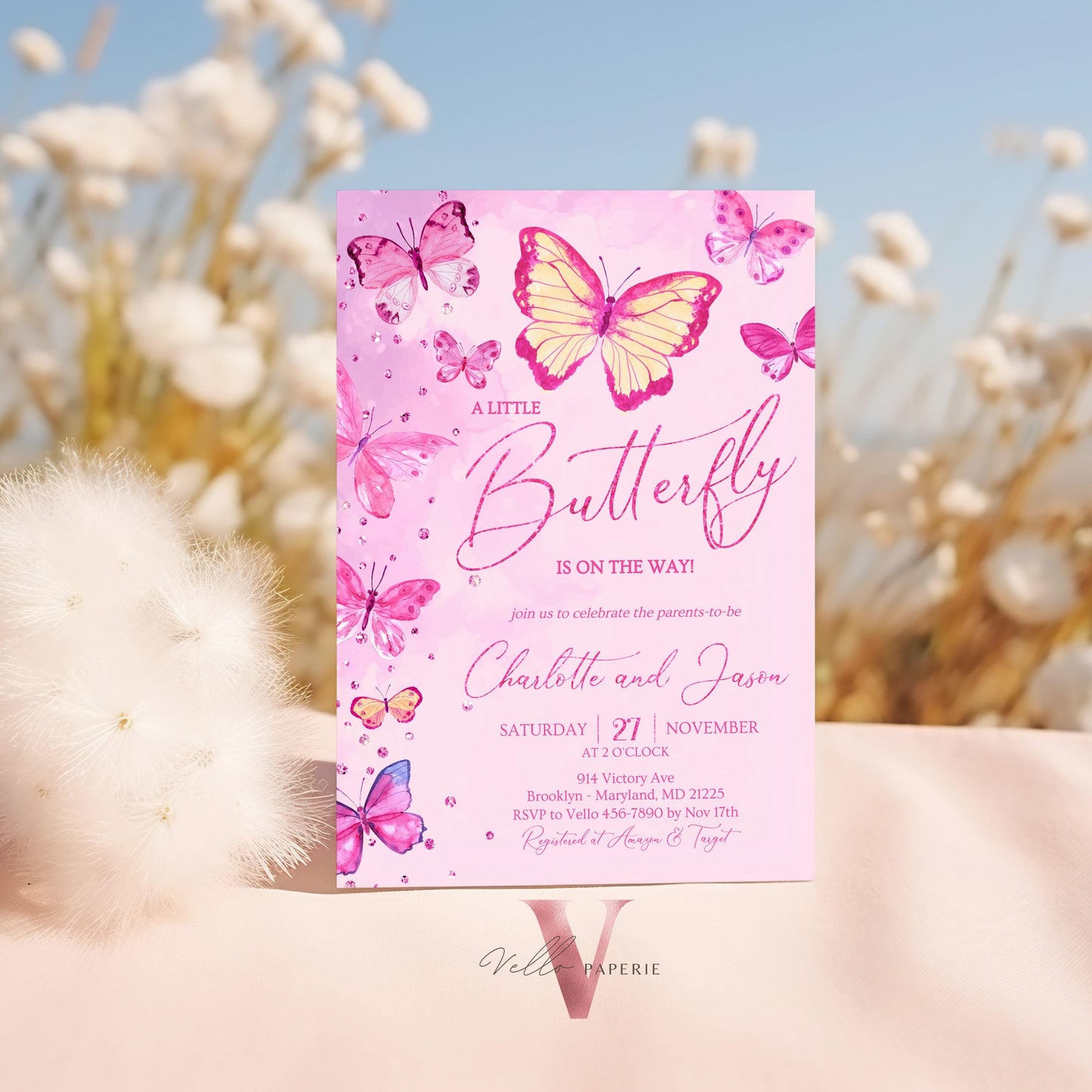 Pink Watercolor Butterfly Baby Shower Party Invitation | A little butterfly Welcome Baby Party Invite | Pink Glitter Baby Butterfly Template