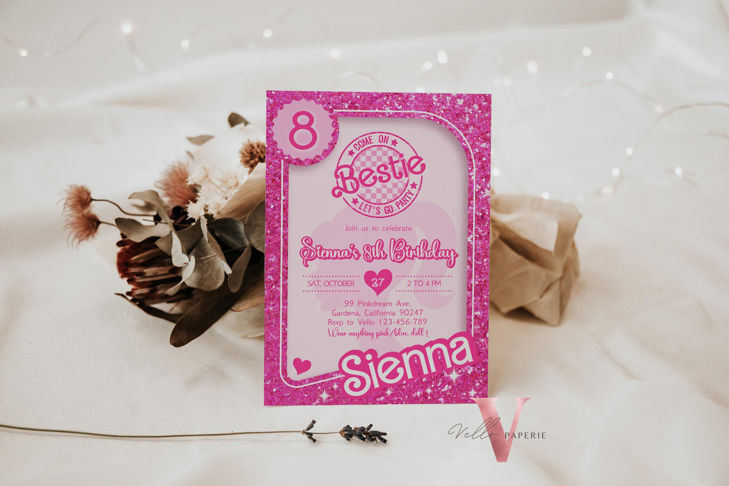 Glam Pink Sparkle Fashion Doll Box Birthday Invitation | Disco Ball Pink Doll Glitter Come On Lets Go Party Invite Instant Template