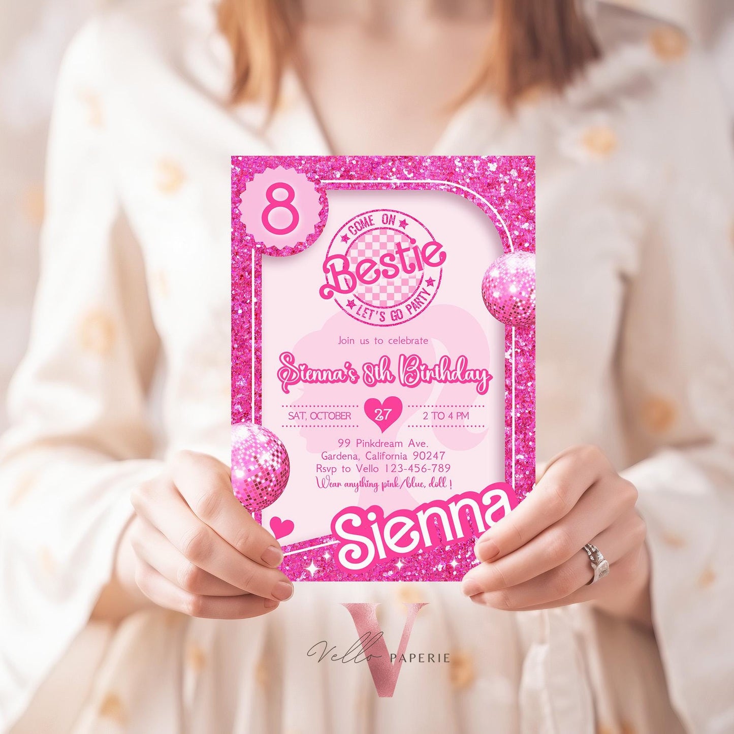 Glam Pink Sparkle Fashion Doll Box Birthday Invitation | Disco Ball Pink Doll Glitter Come On Lets Go Party Invite Instant Template