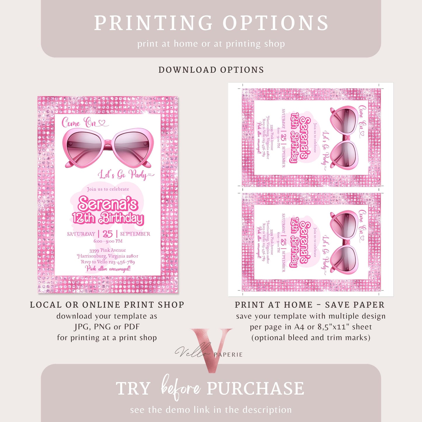 Glam Sunglasses Pink Fashion Doll Birthday Invitation | Barb Princess Pink Doll Glitter Come On Lets Go Pink Party Invite Instant Template