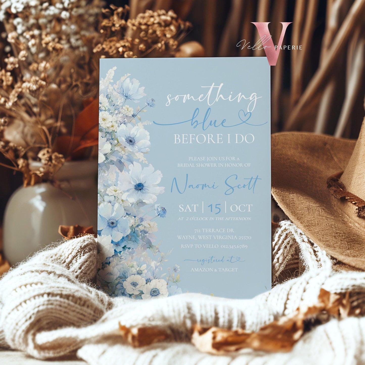 Something Blue before I DO Bridal Shower Party Invitation | Blue Flower Watercolor Invite | Modern Blue Botanical BridetoBe Instant Template