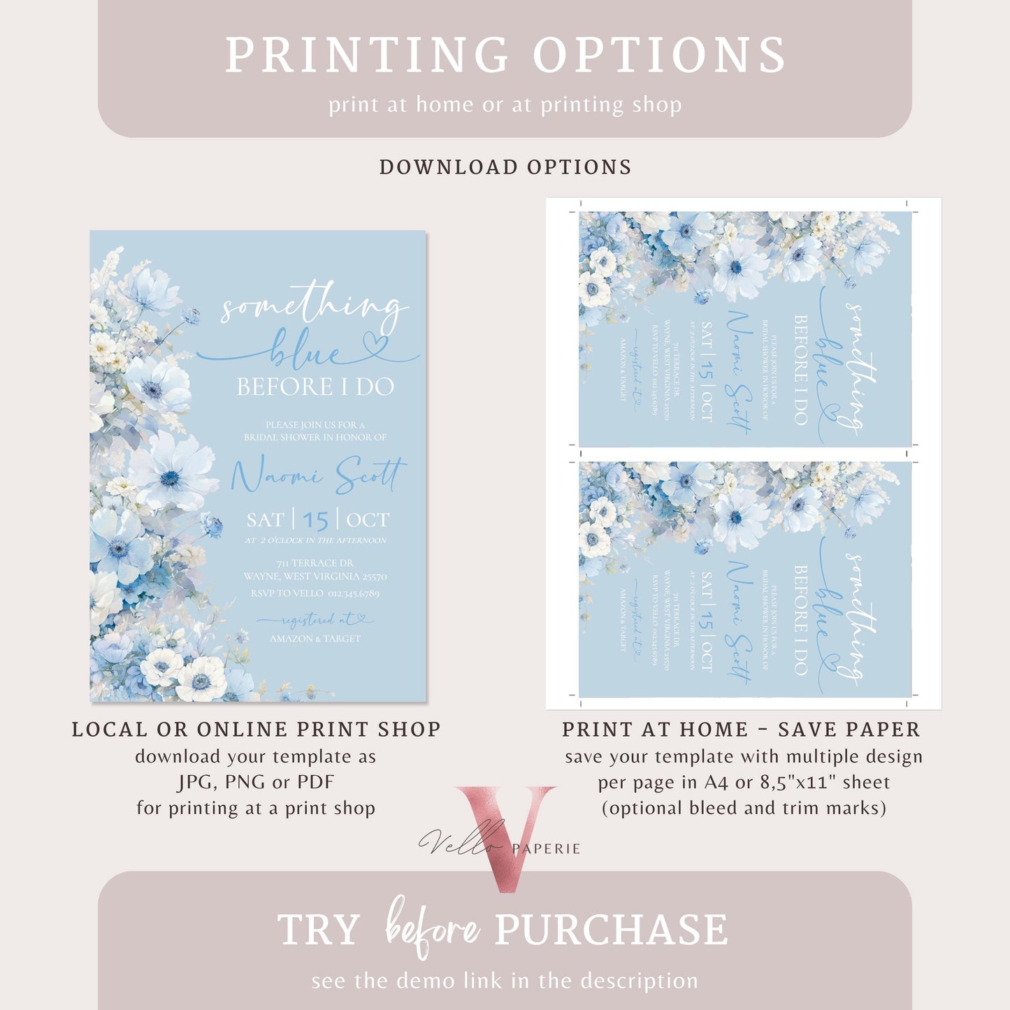 Something Blue before I DO Bridal Shower Party Invitation | Blue Flower Watercolor Invite | Modern Blue Botanical BridetoBe Instant Template