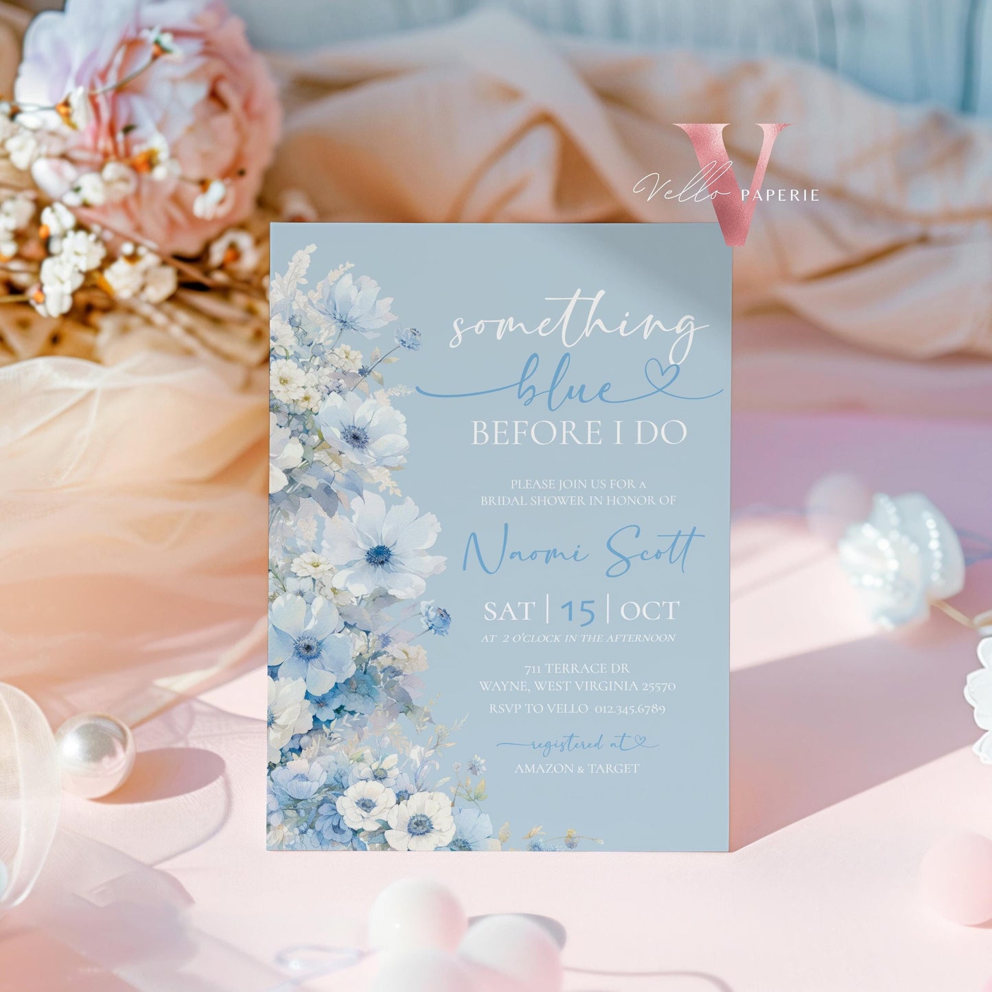 Something Blue before I DO Bridal Shower Party Invitation | Blue Flower Watercolor Invite | Modern Blue Botanical BridetoBe Instant Template
