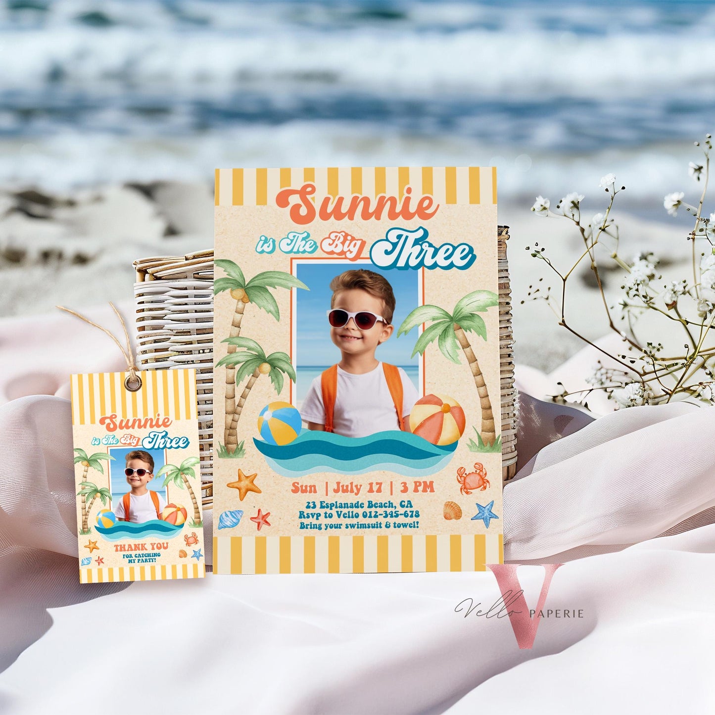 Photo Summer Boy ANY AGE Birthday Birthday Invitation | Edit Youself Malibu Beach Party Invite | Orange Blue Beach Party Instant Template