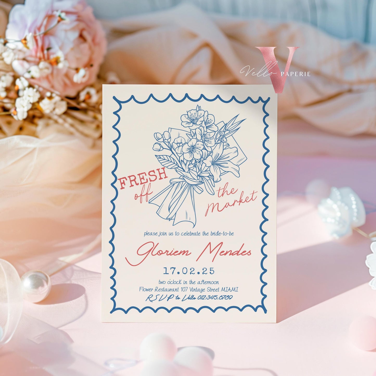 Handdrawn Fresh Off the Market Bridal Shower Invitation | Minimalist She's off the Market Invite | Flower Bouquet Bride Instant Template
