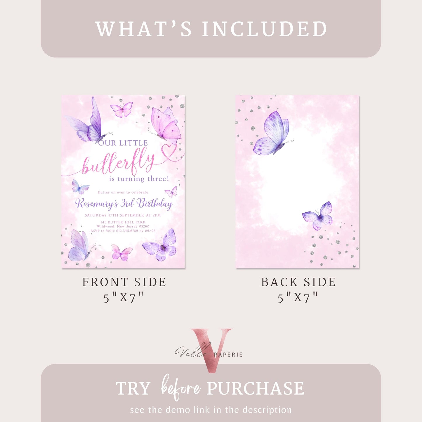 Pink Purple Silver Glitter Watercolor Butterfly Birthday Party Invitation | A little Butterfly ANY AGE Party Invite | Sparkle Butterfly