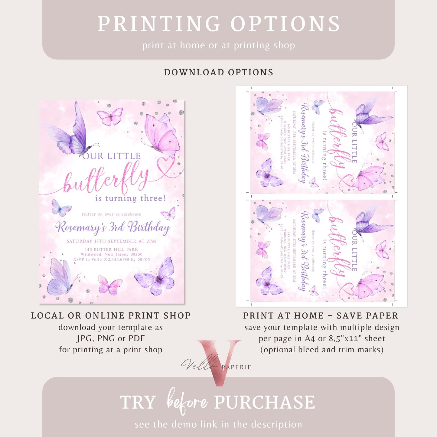 Pink Purple Silver Glitter Watercolor Butterfly Birthday Party Invitation | A little Butterfly ANY AGE Party Invite | Sparkle Butterfly