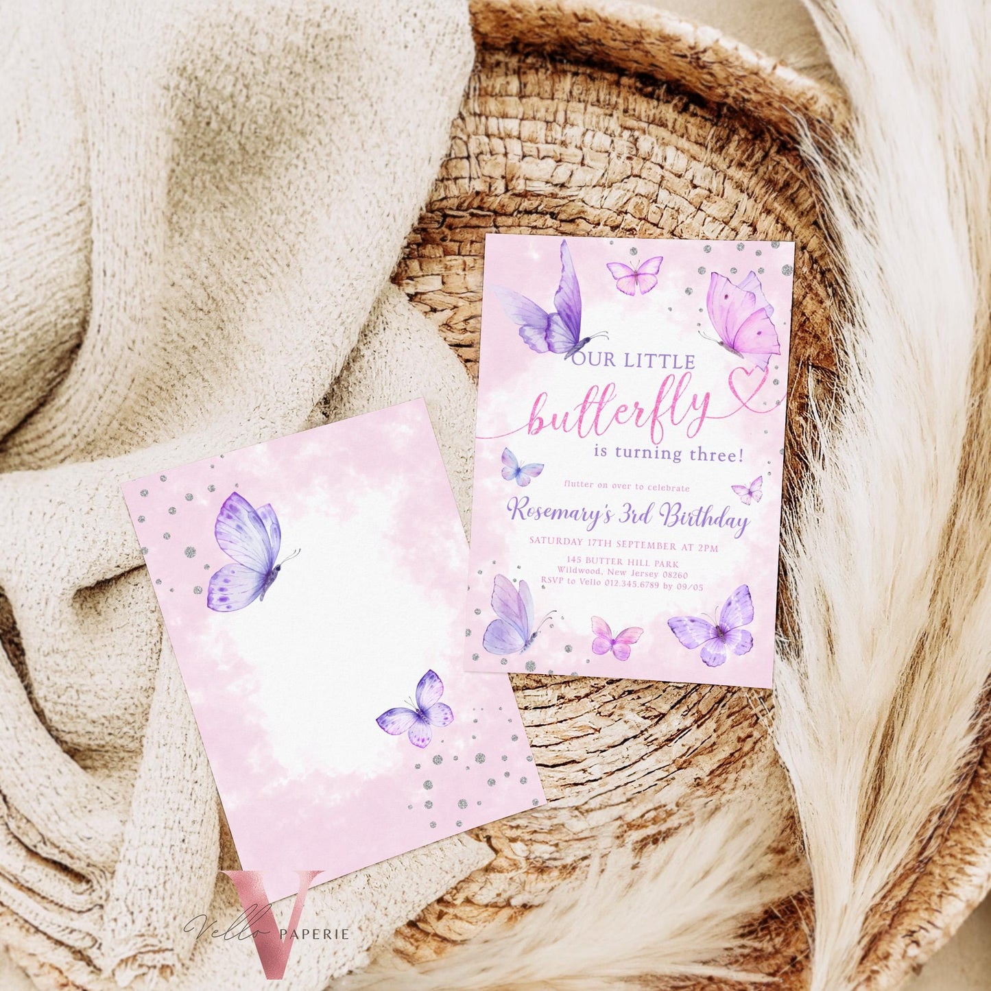 Pink Purple Silver Glitter Watercolor Butterfly Birthday Party Invitation | A little Butterfly ANY AGE Party Invite | Sparkle Butterfly