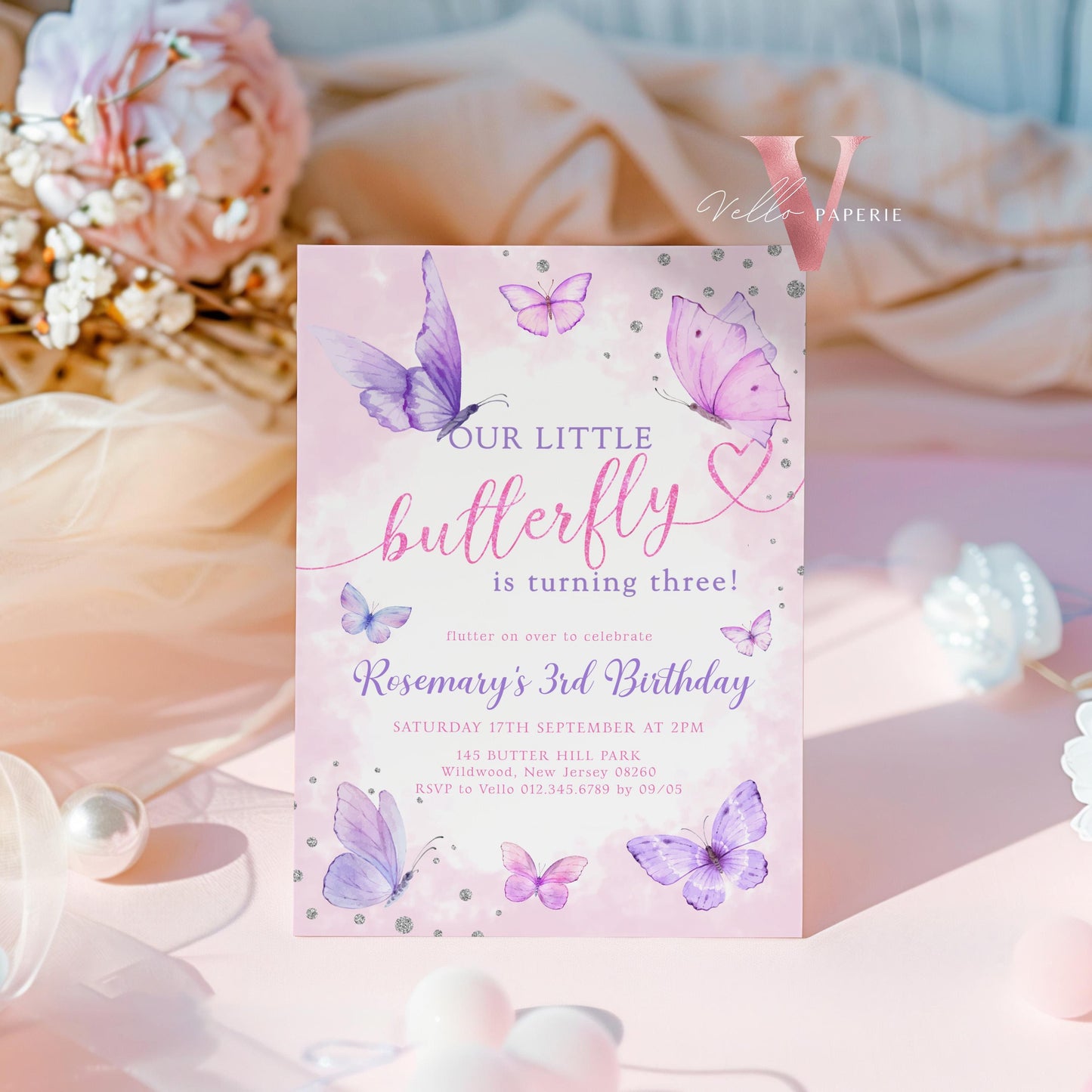 Pink Purple Silver Glitter Watercolor Butterfly Birthday Party Invitation | A little Butterfly ANY AGE Party Invite | Sparkle Butterfly