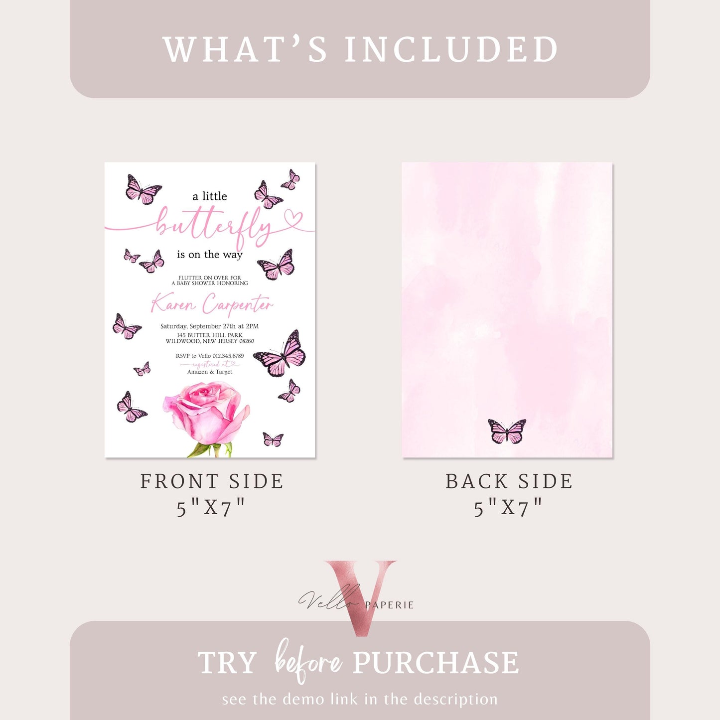 Minimal Pink Black Watercolor Butterfly Baby Shower Party Invitation | Little butterfly is on the way Baby Party Invite | Pink Rose Template