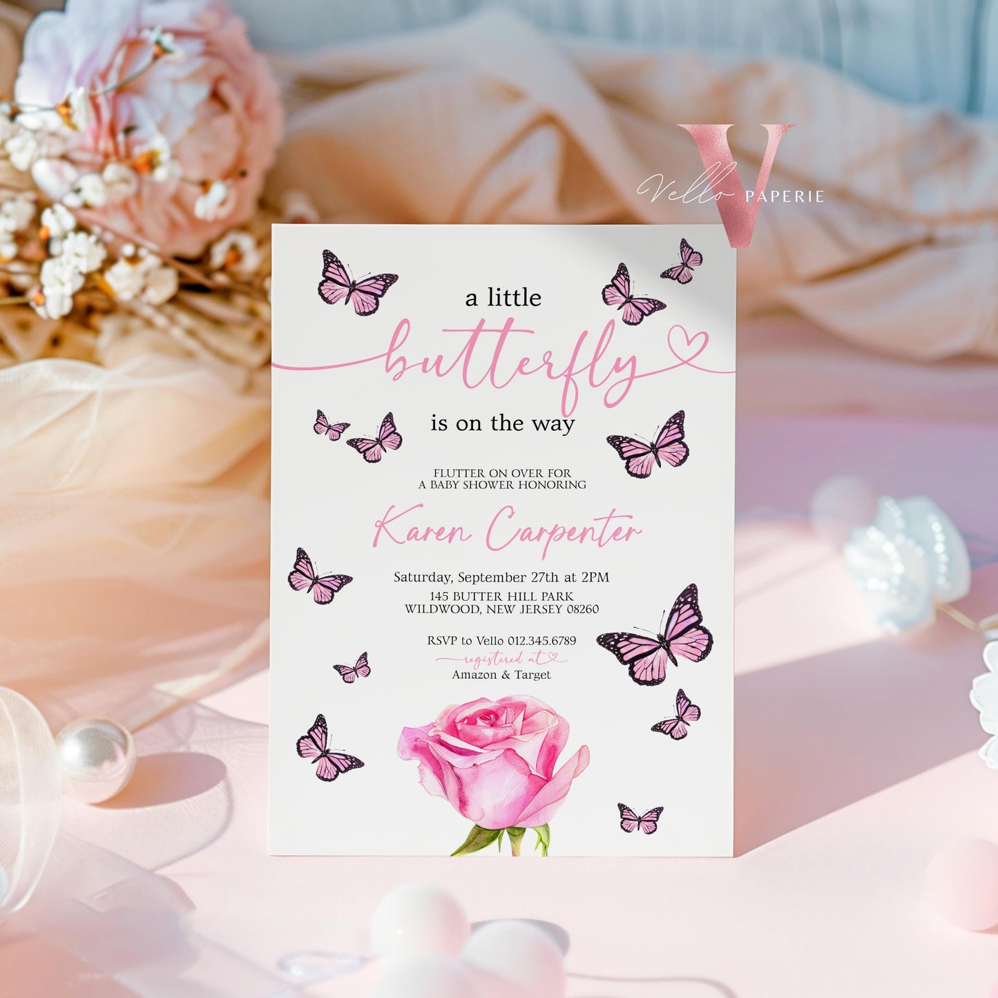 Minimal Pink Black Watercolor Butterfly Baby Shower Party Invitation | Little butterfly is on the way Baby Party Invite | Pink Rose Template