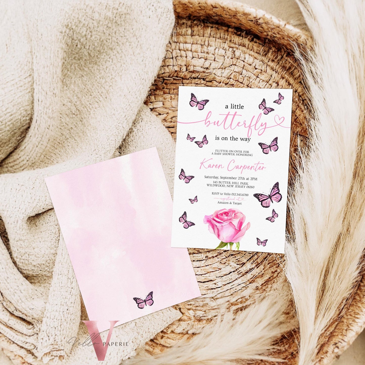 Minimal Pink Black Watercolor Butterfly Baby Shower Party Invitation | Little butterfly is on the way Baby Party Invite | Pink Rose Template