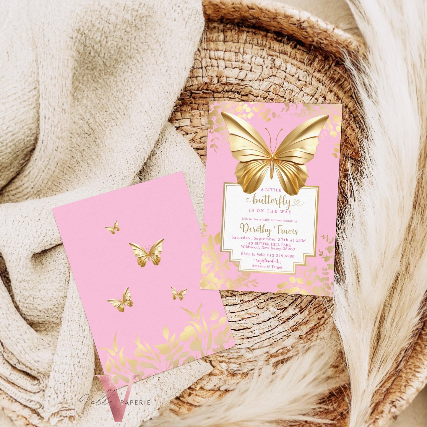 Pink Gold Butterfly Baby Shower Party Invitation | Little butterfly is on the way Baby Party Invite | Minimal Blue Gold Butterfly Template