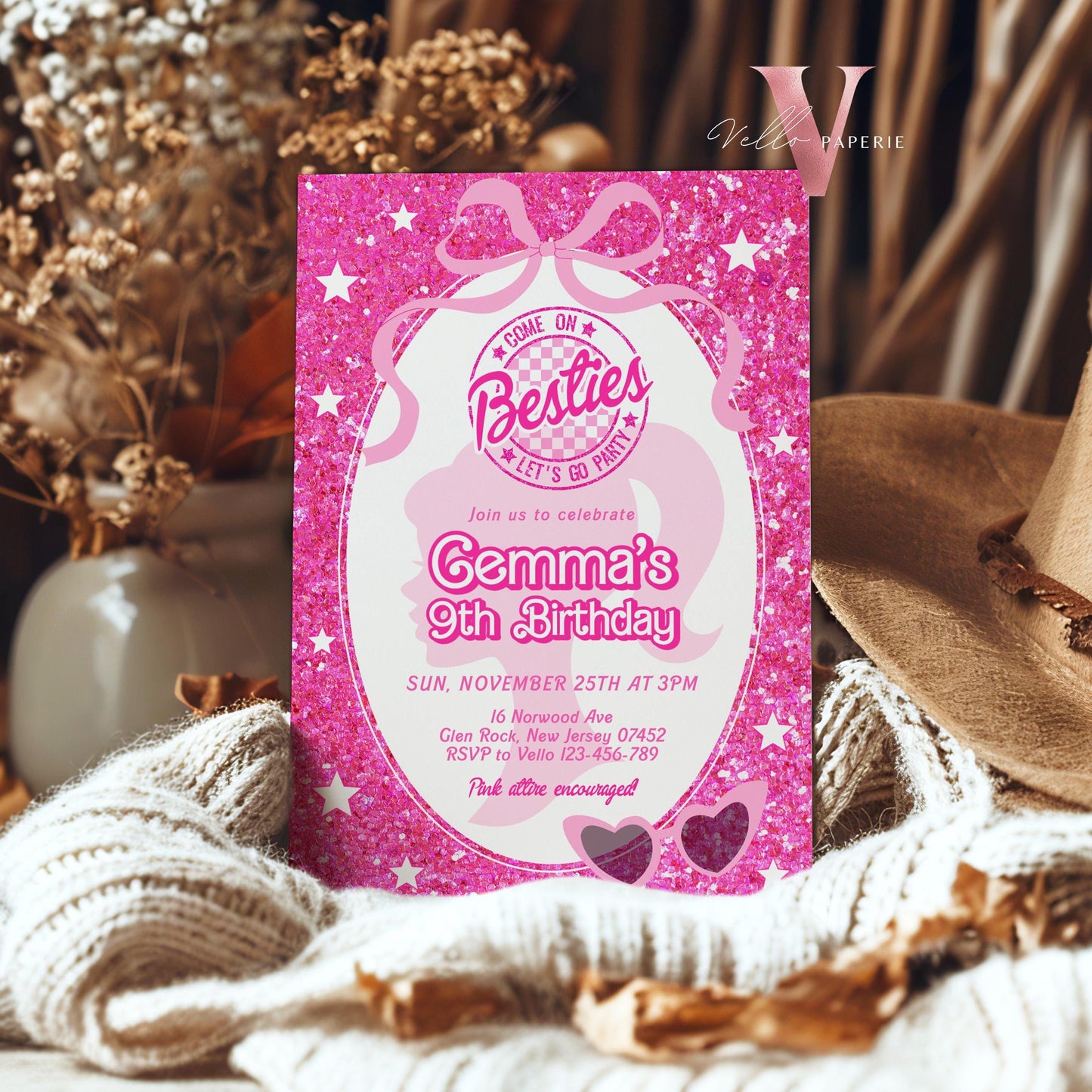 Editable "Besties" Fashion Pink Doll Sparkle Birthday Invitation | Pink Doll Glitter | Any Age Pink Princess Silhoutte Party Invite Instant