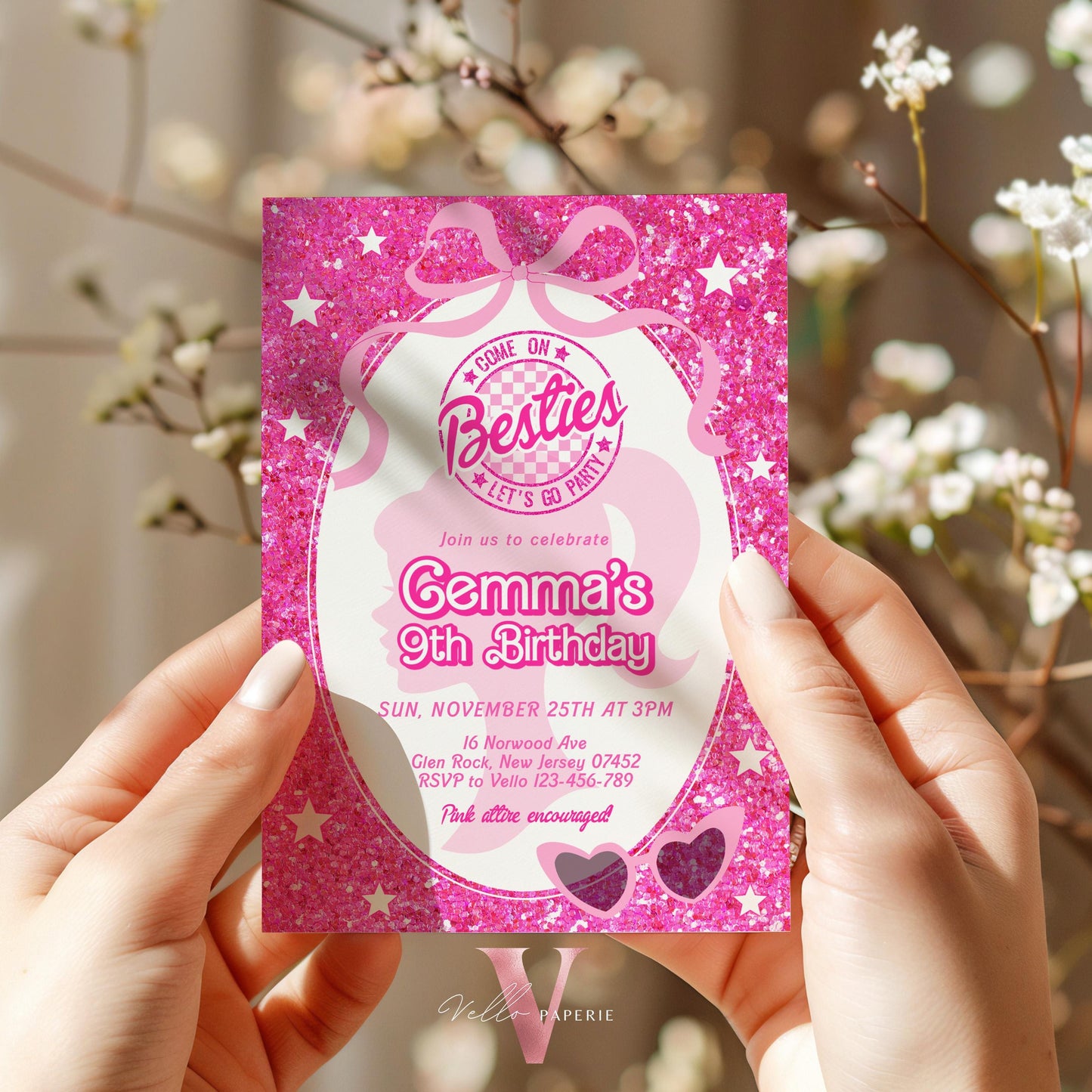 Editable "Besties" Fashion Pink Doll Sparkle Birthday Invitation | Pink Doll Glitter | Any Age Pink Princess Silhoutte Party Invite Instant
