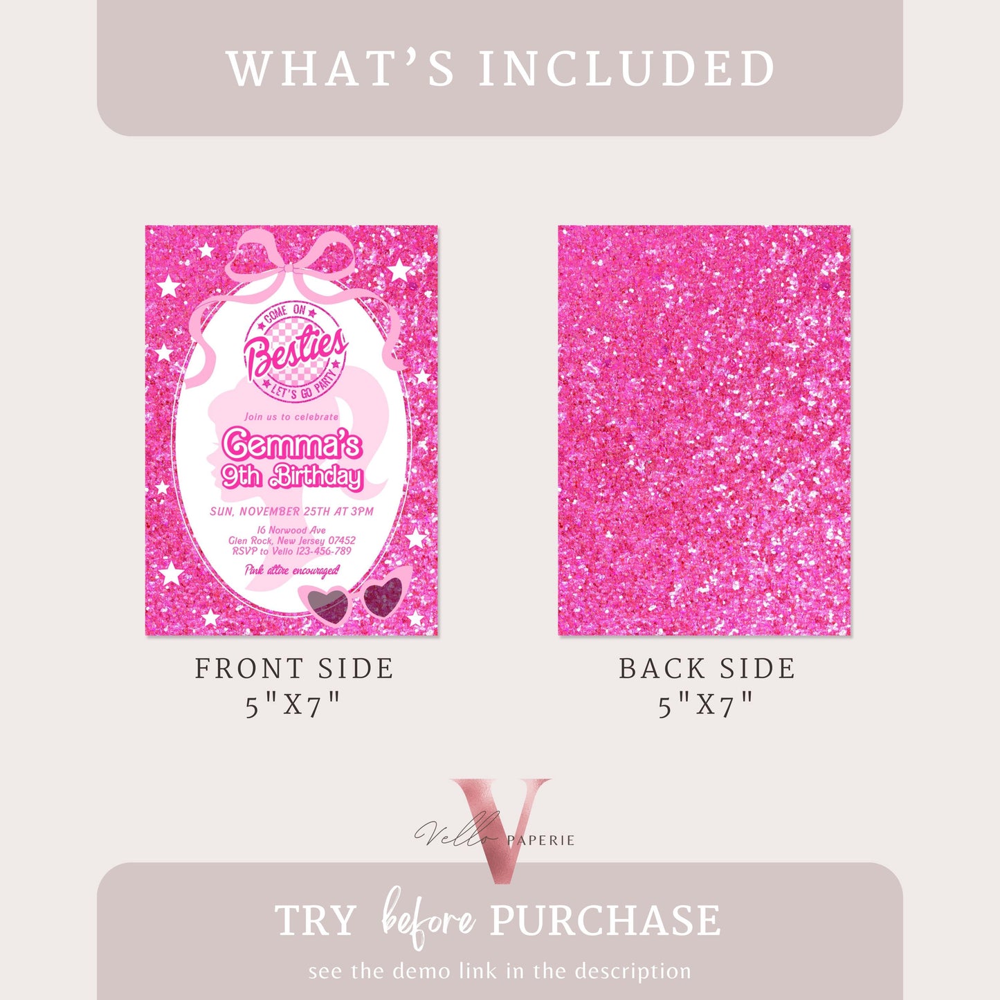 Editable "Besties" Fashion Pink Doll Sparkle Birthday Invitation | Pink Doll Glitter | Any Age Pink Princess Silhoutte Party Invite Instant