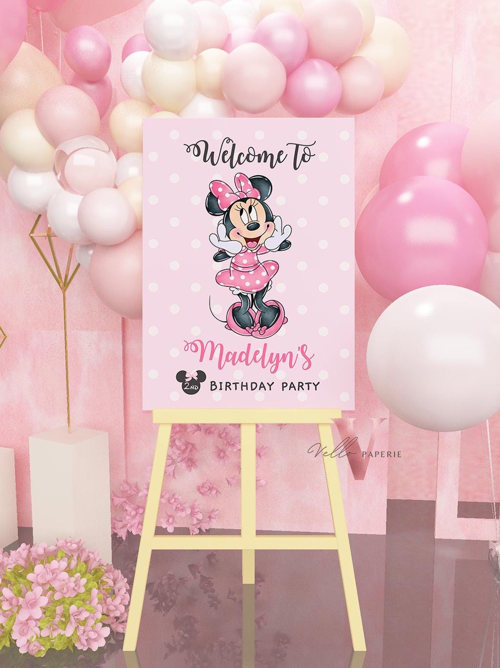 Editable Any Age Minnie Mouse Birthday Welcome Sign | Light Pink Polkadot Minnie Party Decor Sign | Kid Minnie Pink Birthday Sign MMB01