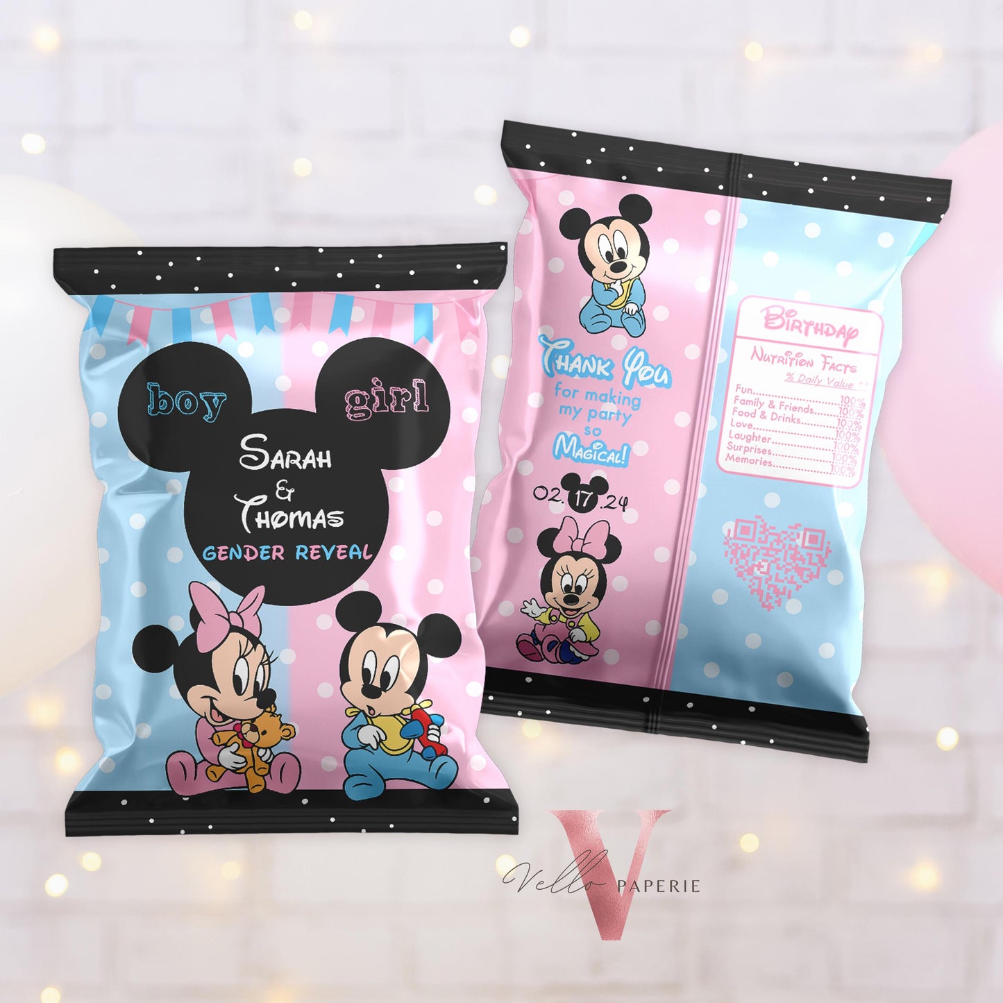 Mouse BABY Shower Party Favors | Gender Reveal Minnie Mickey Party Chips Bag, Water Bottle Label, Caprisun, Rice Krispie, Thanks Tag MBS02