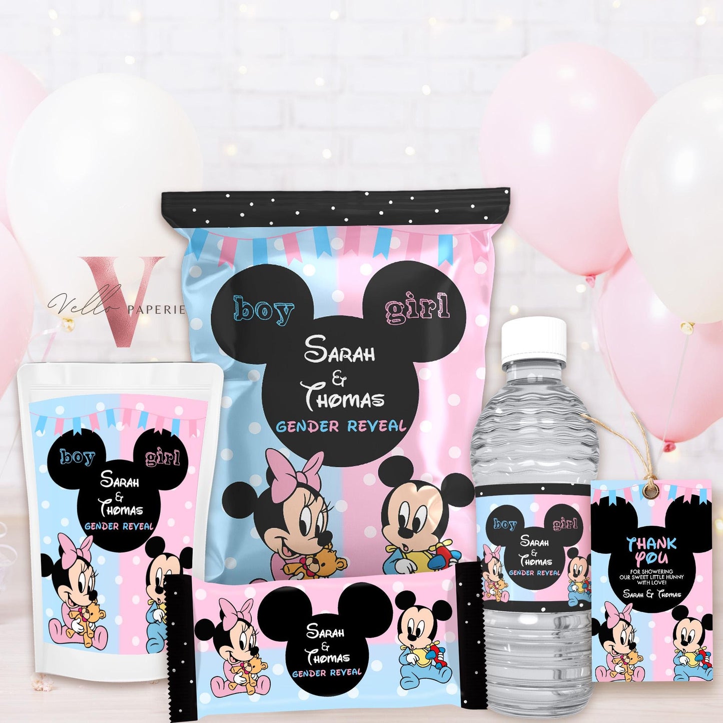 Mouse BABY Shower Party Favors | Gender Reveal Minnie Mickey Party Chips Bag, Water Bottle Label, Caprisun, Rice Krispie, Thanks Tag MBS02