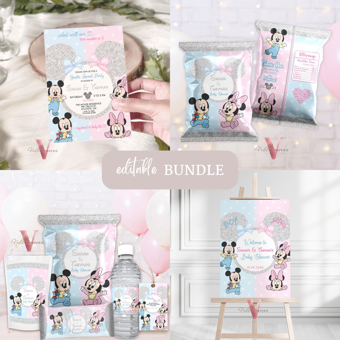 Minnie Mickey BABY Shower BUNDLE | Gender Reveal Mouse Party Invite, Sign, Chips Bag Water Bottle Label Caprisun Rice Krispie TQ Tag MBS01
