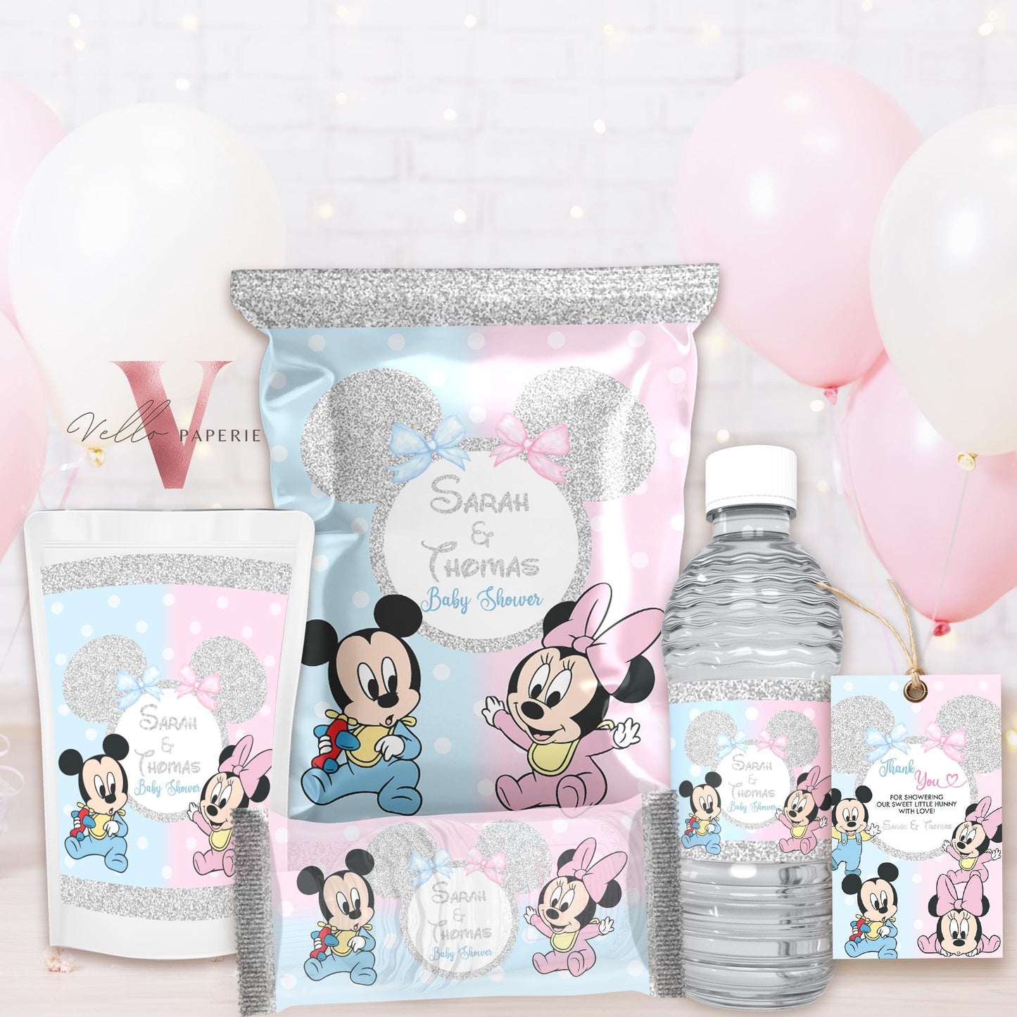 Minnie Mickey BABY Shower BUNDLE | Gender Reveal Mouse Party Invite, Sign, Chips Bag Water Bottle Label Caprisun Rice Krispie TQ Tag MBS01