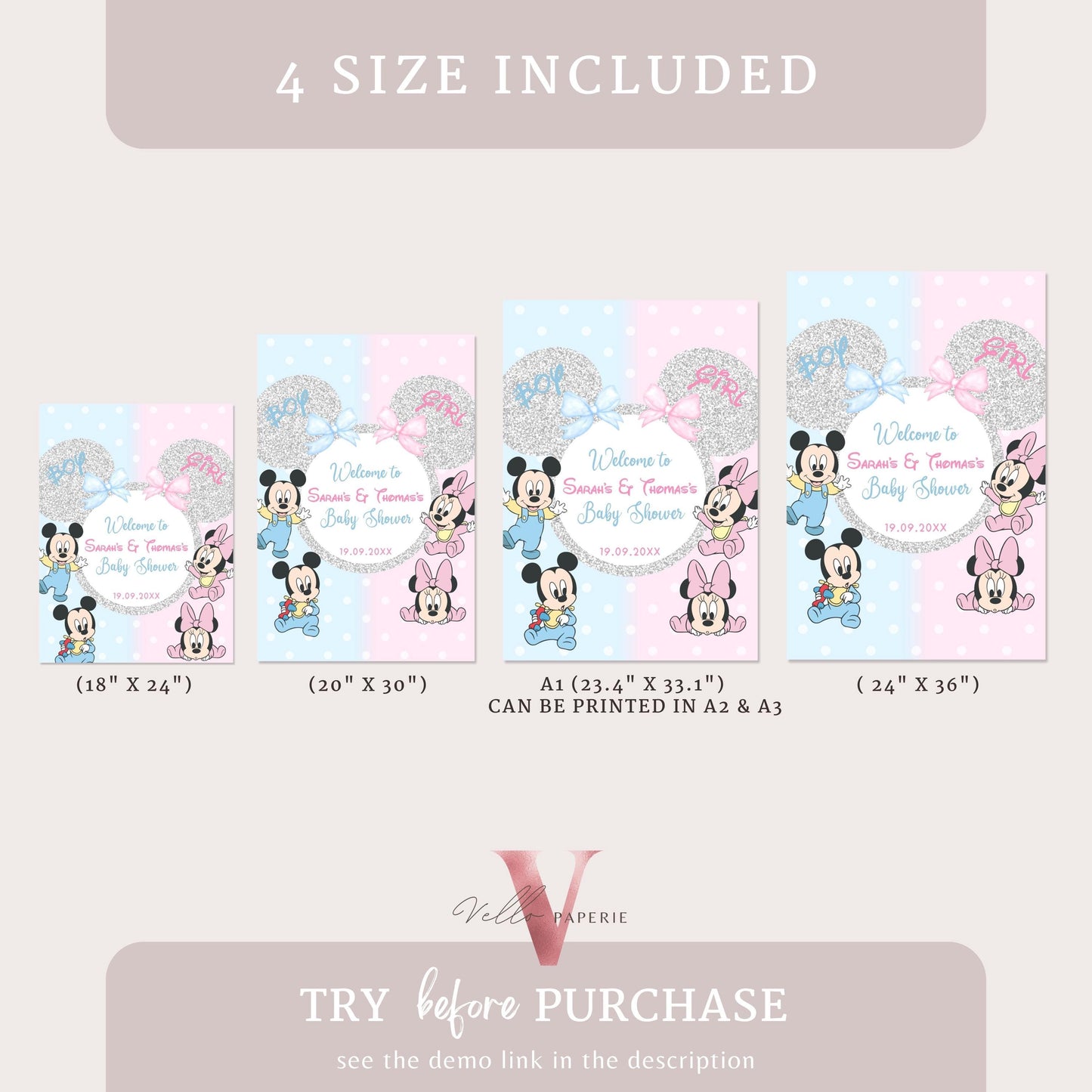 Minnie Mickey BABY Shower BUNDLE | Gender Reveal Mouse Party Invite, Sign, Chips Bag Water Bottle Label Caprisun Rice Krispie TQ Tag MBS01