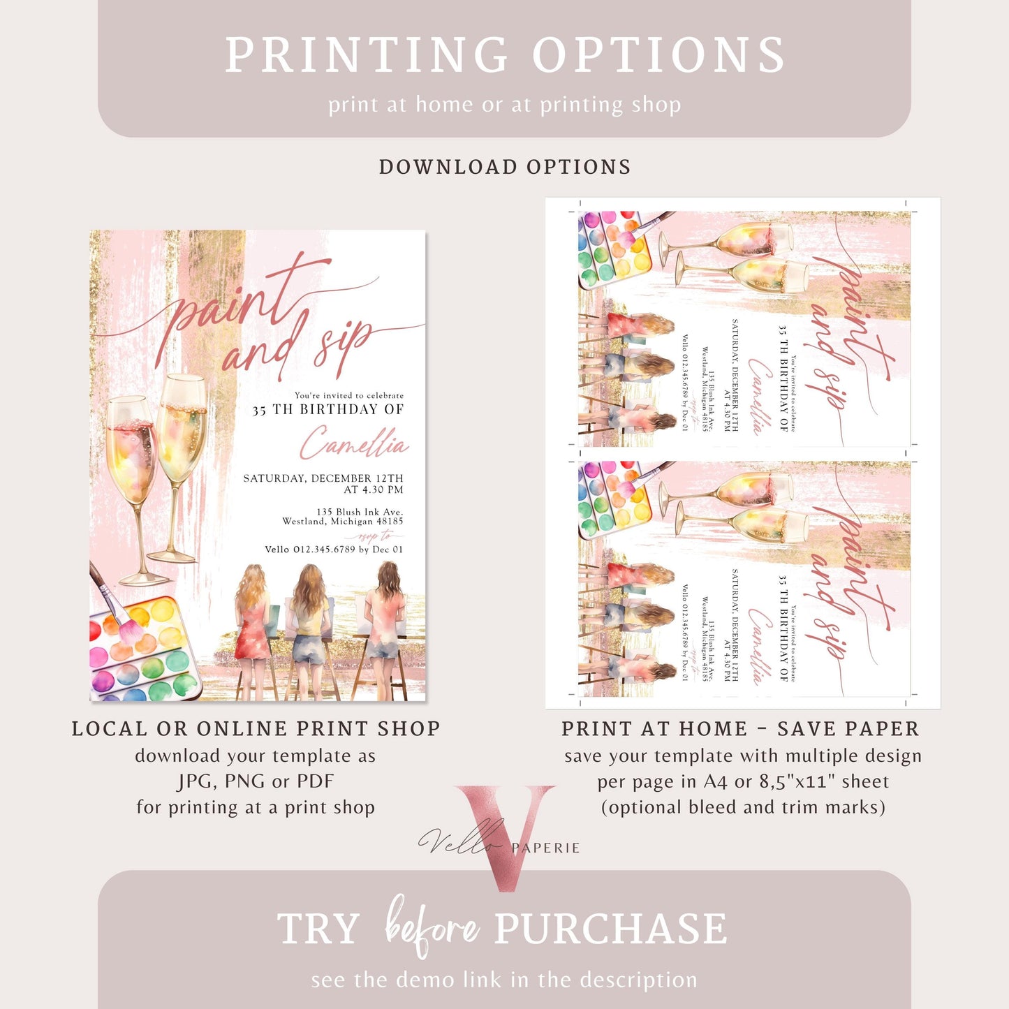 Blush Rose Gold Paint and Sip Party Invitation | Editable Adult Champagne Art Party | Wine Birthday Wine Invitation | Creative Drink Party
