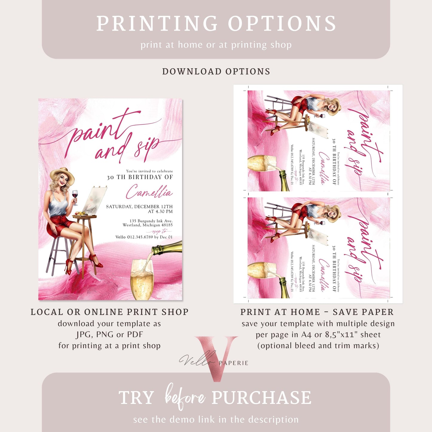 Burgundy Red Paint and Sip Party Invitation | Editable Adult Champagne Art Party | Wine Birthday Wine Invitation | Creative Drink Art Party