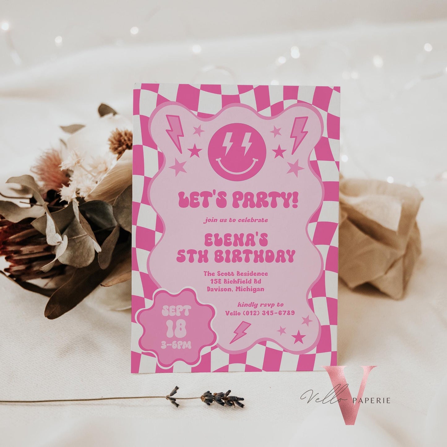 Pink Smile Face Groovy Birthday Invitation | Editable Retro Happy Face Any Age Birthday Party Invite | Emoji Face Lighting Bolt Smile PSG01