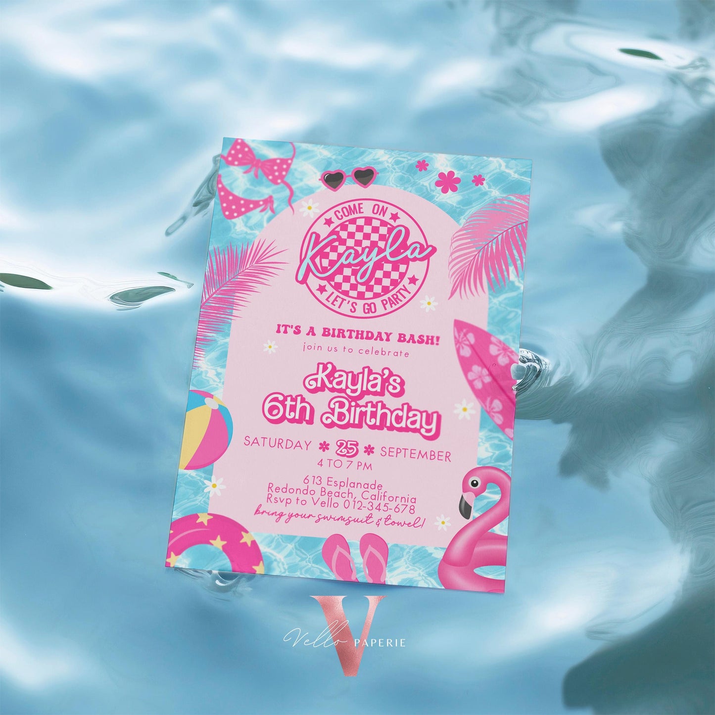 Pink Doll Pool Birthday Invitation | Editable Printable Malibu Pool Party Invite | Pink Blue Malibu Come On Lets Go Party Instant PDP01