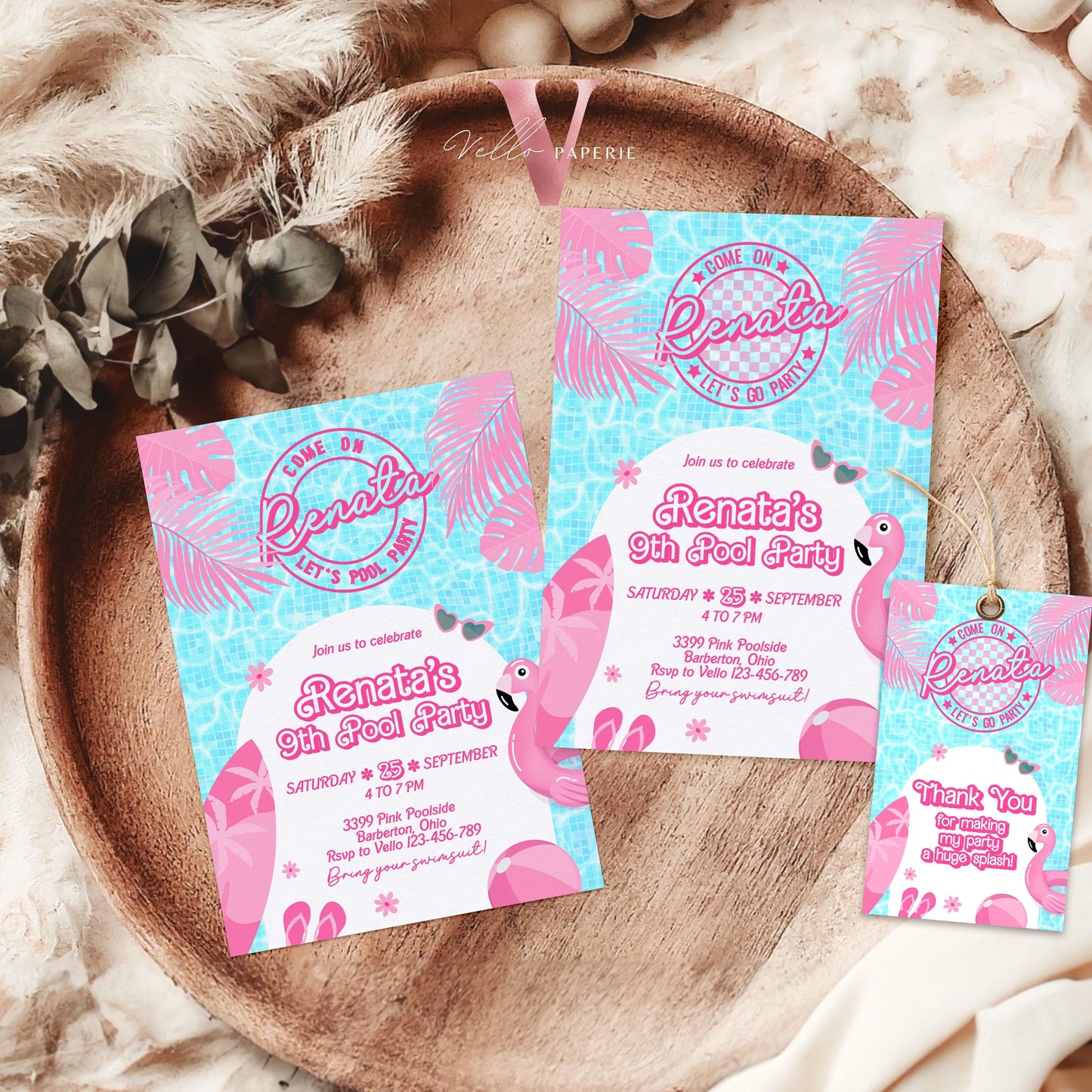 Pink Doll Pool Birthday Invitation | Editable Printable Malibu Pool Party Invite | Pink Blue Malibu Come On Lets Go Party Instant Download