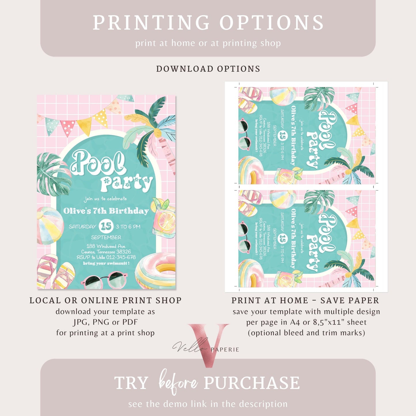 Editable Pool Birthday Party Invitation | Watercolor Summer Party Invite | Pink Turquoise Pool Party Invite Any Age Birthday Bash Instant