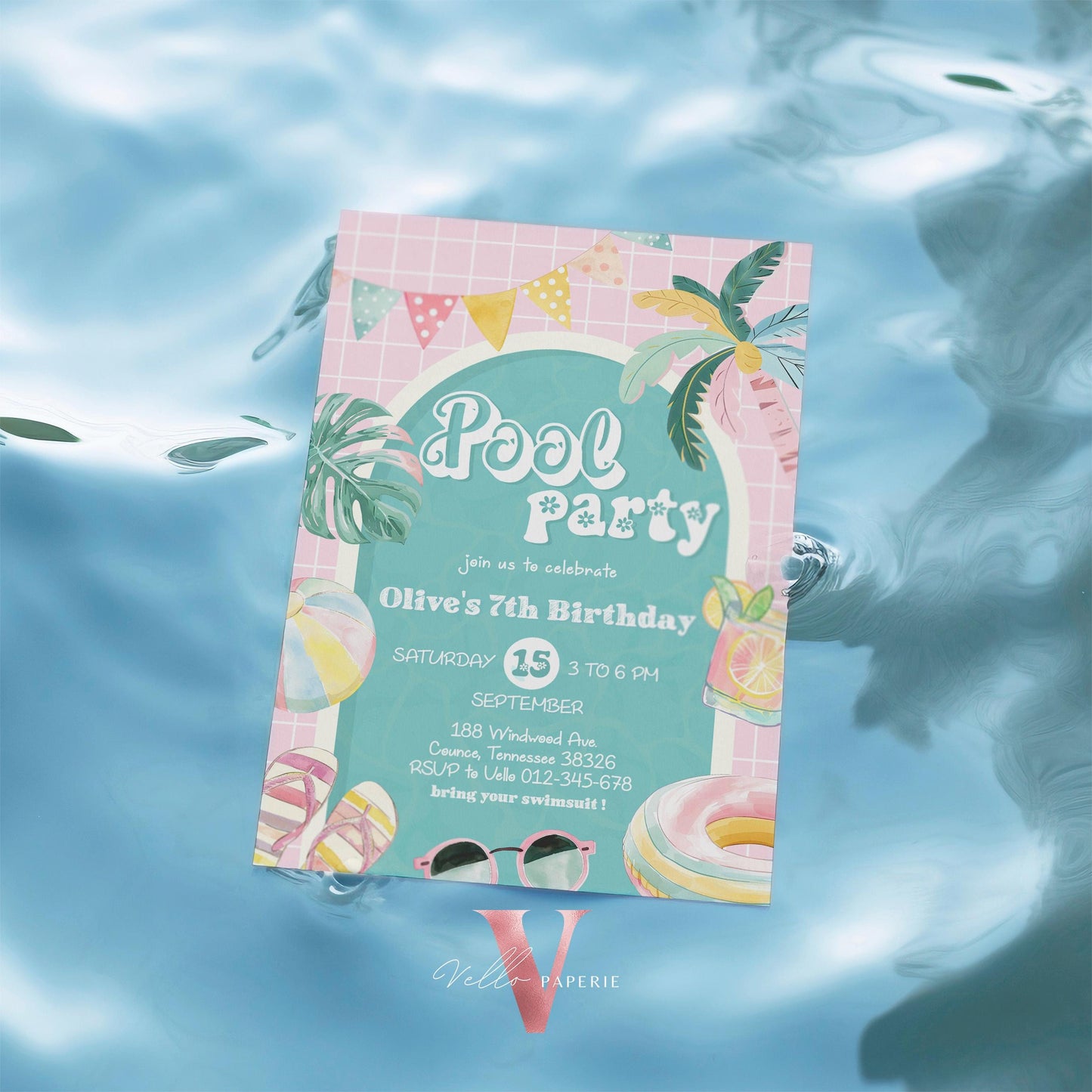 Editable Pool Birthday Party Invitation | Watercolor Summer Party Invite | Pink Turquoise Pool Party Invite Any Age Birthday Bash Instant