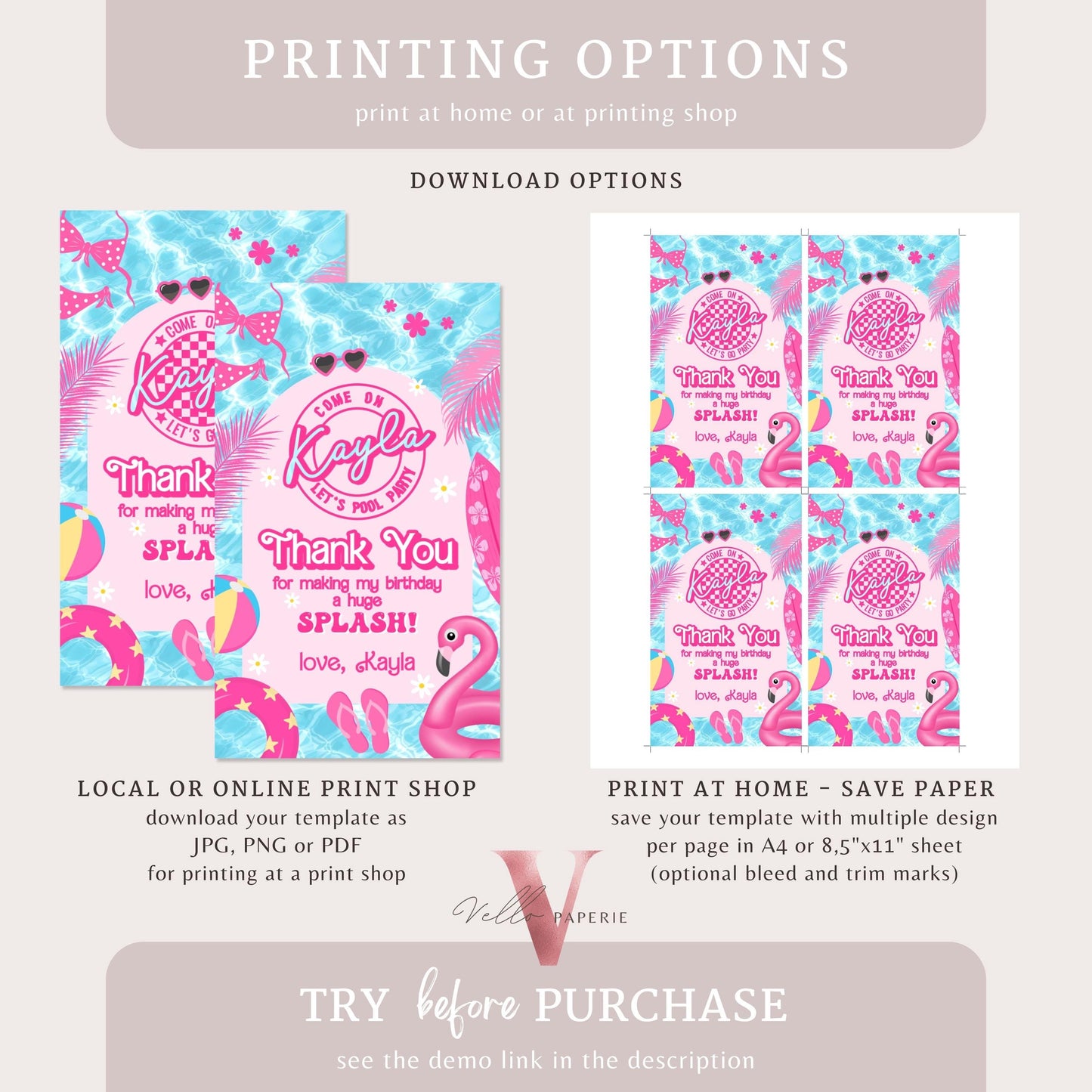 Pink Doll Pool Birthday Thankyou Card | Editable Printable Malibu Pool Party Favor Tag | Pink Blue Malibu Come On Lets Go Party Gift PDP01