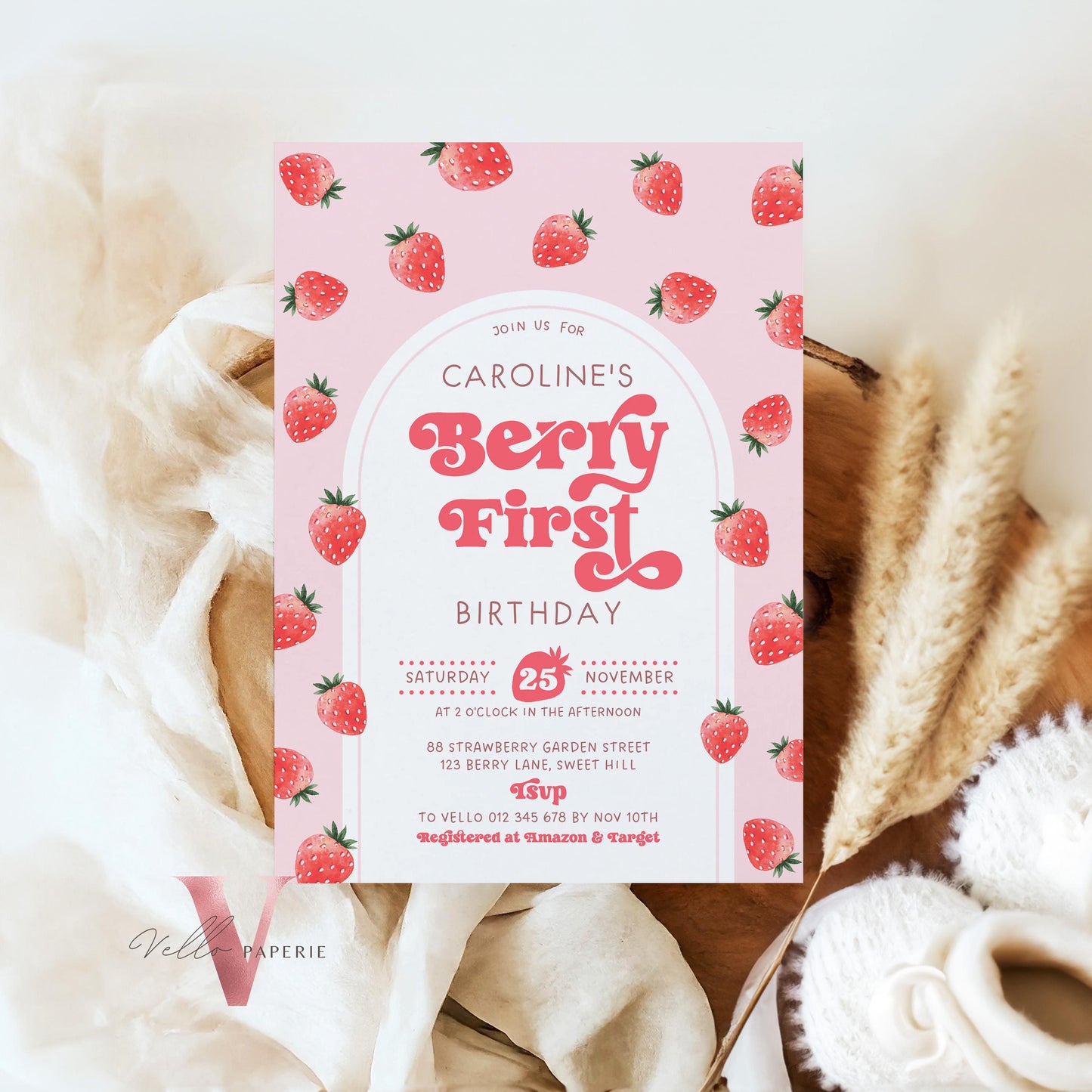 STRAWBERRY First Birthday Invitation Girl | Berry First Birthday Party Invite | Summer Girl Editable Template | Pink First Birthday Invite