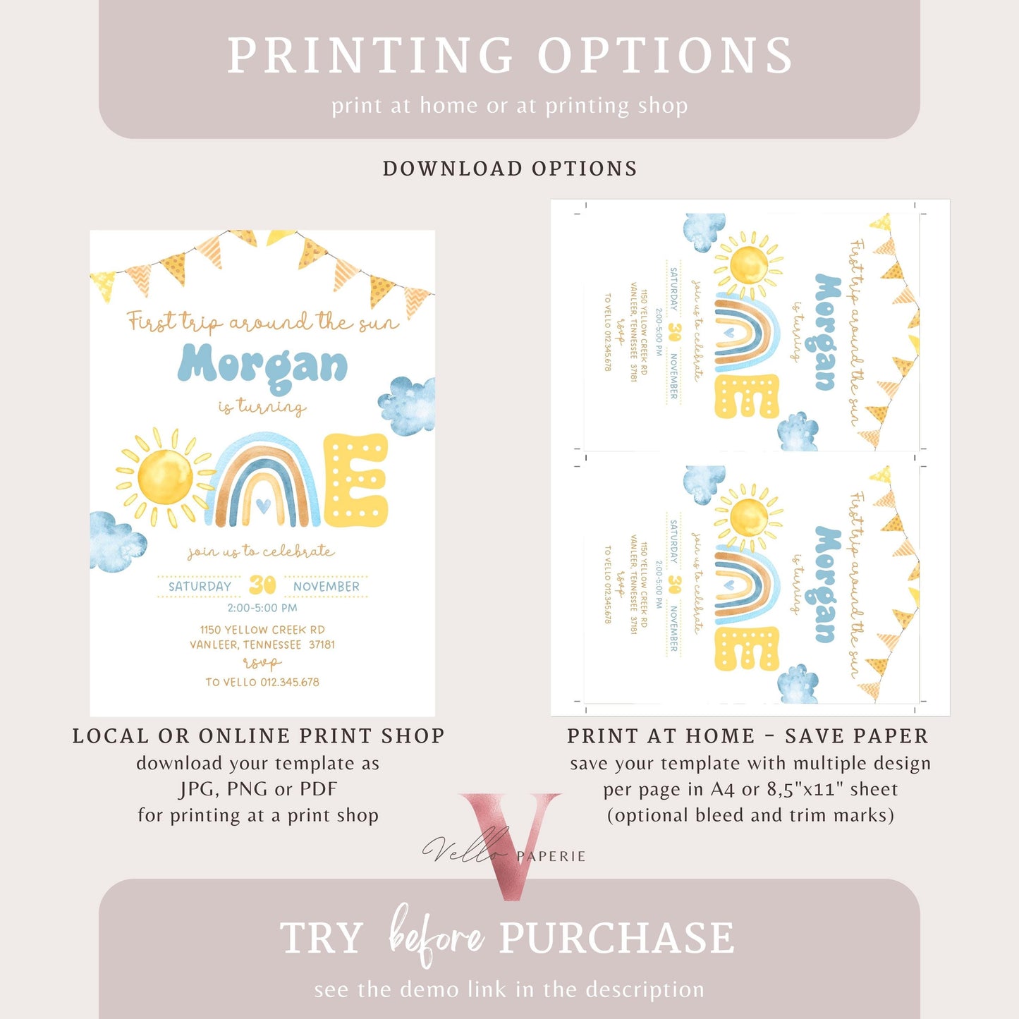 Blue Yellow First Trip Around The Sun Birthday Invitation | Editable 1st Sunshine Invite | Editable Boho Sun Rainbow Boy Girl Instant