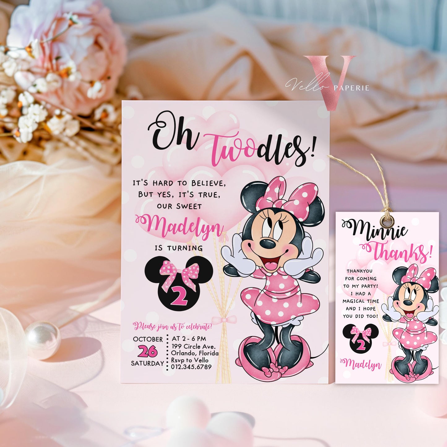 Free Thankyou Tag Oh TWOdles Minnie Mouse Birthday Invitation, Light Pink Polka Dot Invite, 2 year old Girl Second Birthday Instant MMB02