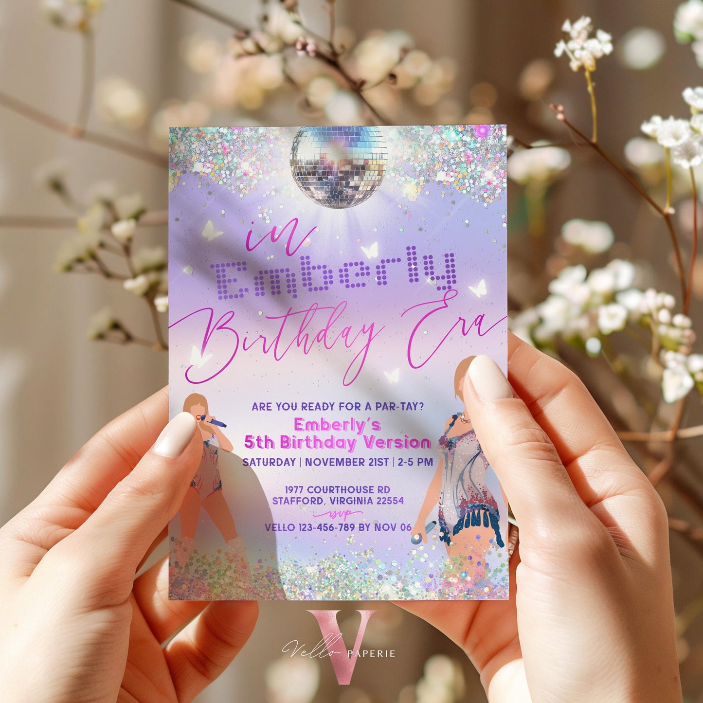 Swifti Par-Tay Birthday Party Invitation Photo | Purple Silver Sparkle Taylor Eras Music Party Invite | It's Me Hi, In My Birthday Era TSP01
