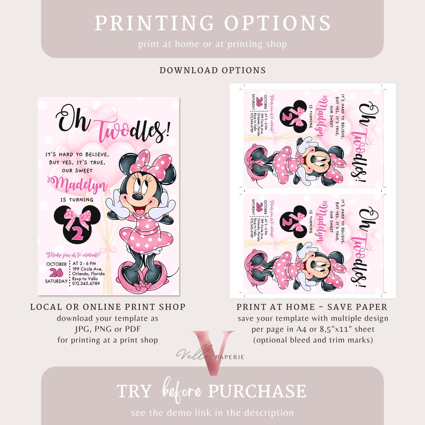 Free Thankyou Tag Oh TWOdles Minnie Mouse Birthday Invitation, Light Pink Polka Dot Invite, 2 year old Girl Second Birthday Instant MMB02