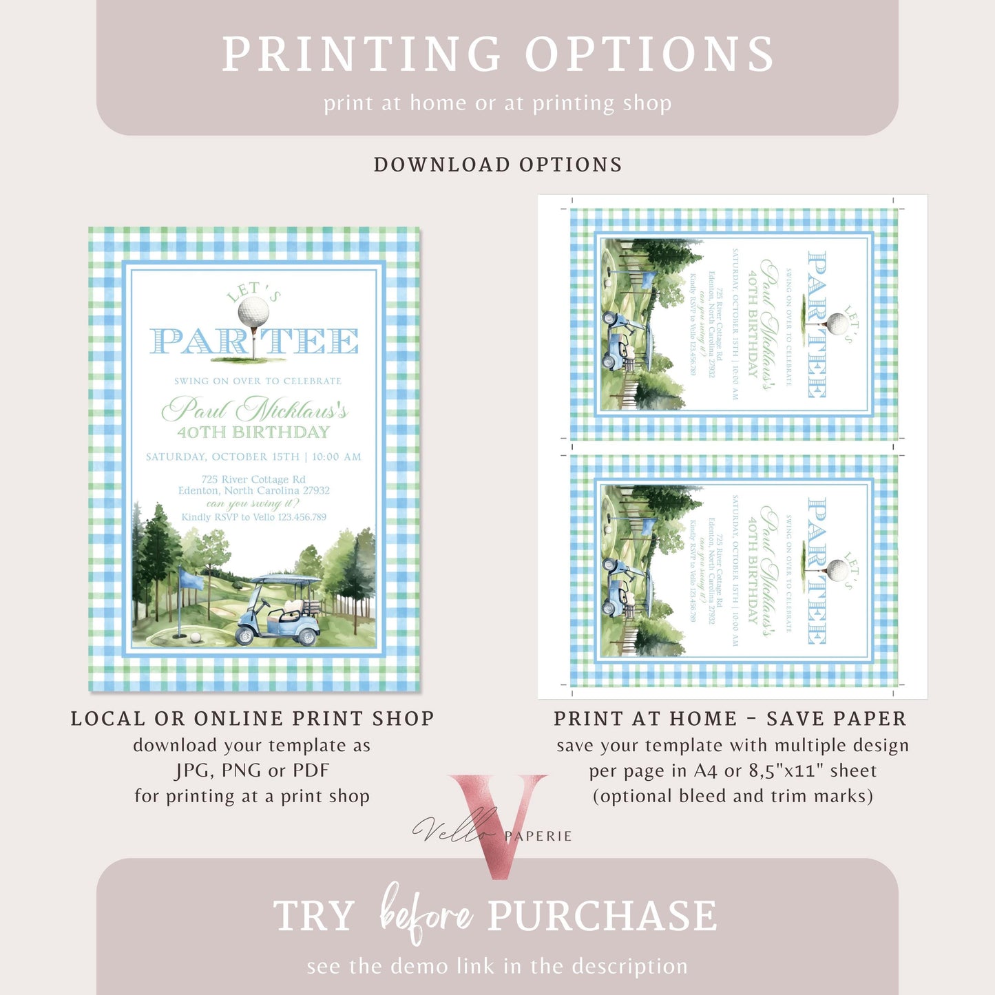 Editable Let's Par-tee Birthday Invitation | Blue and Green Golf Watercolor Birthday Par-tee Invite | Modern Golf Master Party Hole In One