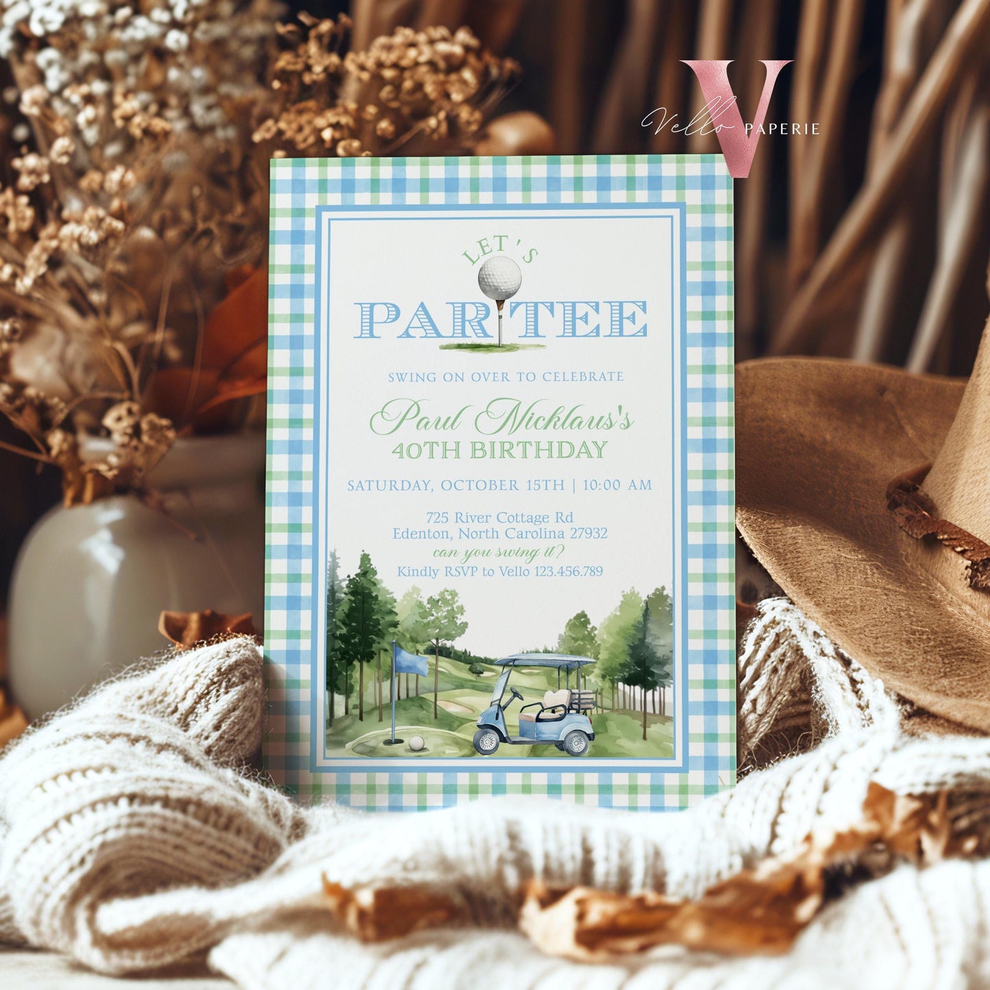 Editable Let's Par-tee Birthday Invitation | Blue and Green Golf Watercolor Birthday Par-tee Invite | Modern Golf Master Party Hole In One